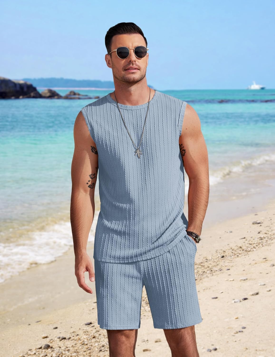 COOFANDY Men's 2 Piece Outfits Beach Knit Jacquard Sleeveless Shirt and Shorts Sets Summer Athletic Vacation Set - Image 2