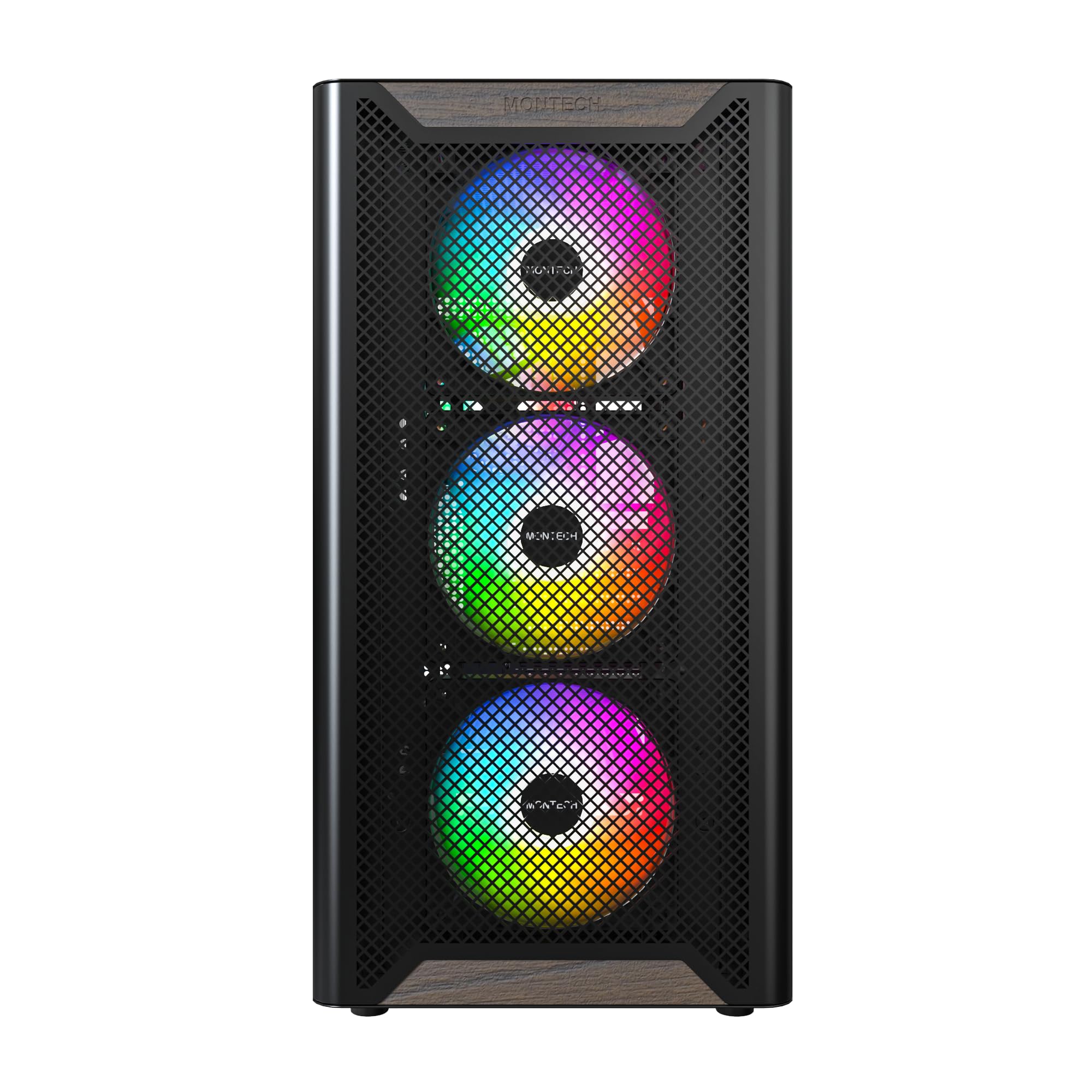 MONTECH XR Bois, façade en Noyer Noir véritable, boîtier de Jeu PC ATX, Panneau latéral en Verre, 4 Ventilateurs GF120 ARGB PWM pré-installés, Noir