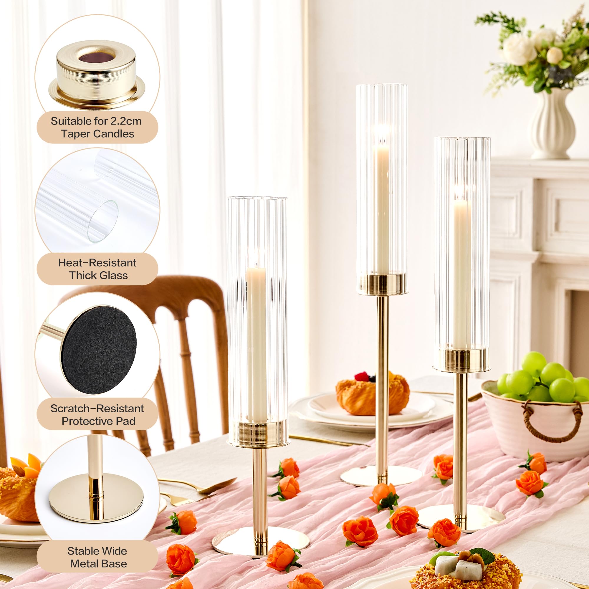 Hurricane - Set di 6 portacandele in vetro con base in metallo dorato, per matrimoni, Natale, tavolo da pranzo, feste, decorazioni per la casa (coste)