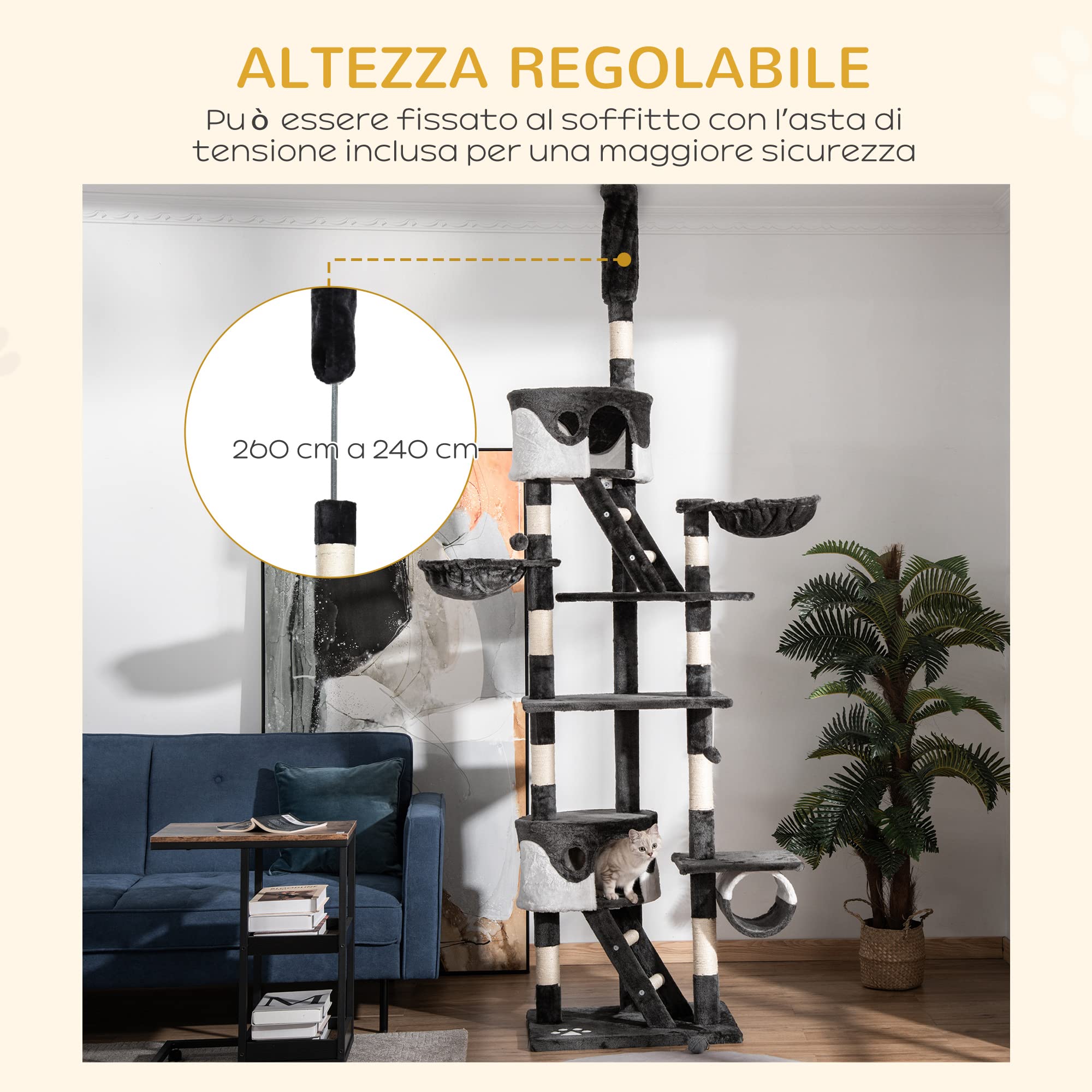 PawHut Tiragraffi per Gatti a Soffitto 240-260 cm, Grigio Scuro e Bianco | Altezza Regolabile, Albero Tiragraffi per Gatti Multilivello, Cucce, Amache e Scale, Corde in Sisal, Grigio Scuro e Bianco