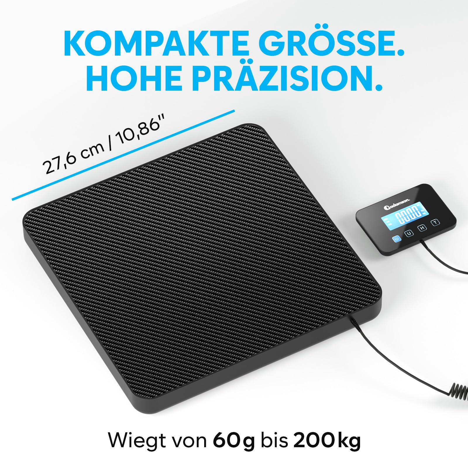 Paketwaage - 200 kg/10 g - Hochpräzise Plattformwaage mit Halte-/Tara-Funktion/LCD - Postwaage perfekt für Pakete, Gepäck, Heimgebrauch - Batterie & Kabel enthalten - Gepäckwaage - Schwarz Matt