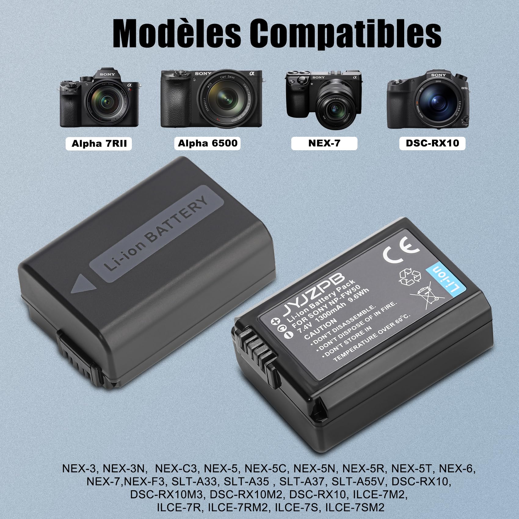 JYJZPB NP-FW50 Batterie de Rechange et A7 II Chargeur pour Sony Alpha A6000 A6400 A6500 A6300 A6100 A7II ZV-E10 A7 A7RII A7SII A7S A7S2 A7R A7R2 A5100