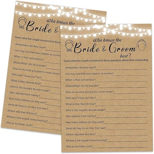 30 divertidos juegos de despedida de soltera  Quién conoce mejor al novio de la novia, juegos de compromiso de boda rústico de papel kraft favores