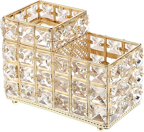 Miniatura 8 de Hipiwe Organizador de brochas de maquillaje de cristal, organizador de brochas de cosméticos dorados, organizador de brochas de oficina de