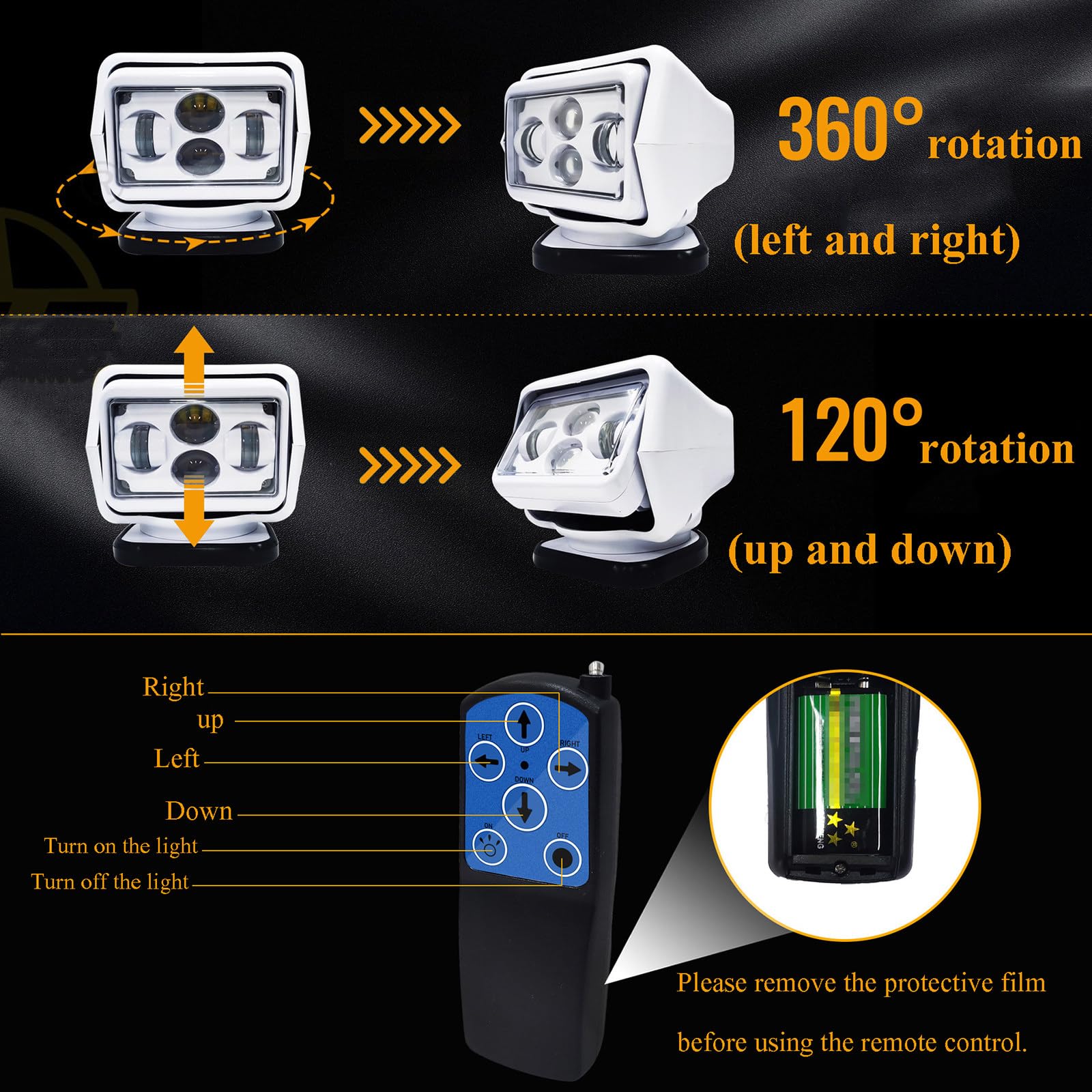 Fahrzeug-Suchscheinwerfer, 120 W, kabellose Fernbedienung, LED-Suchscheinwerfer, um 360° drehbar, für LKW, Geländeboot, mit Magnetfuß,White
