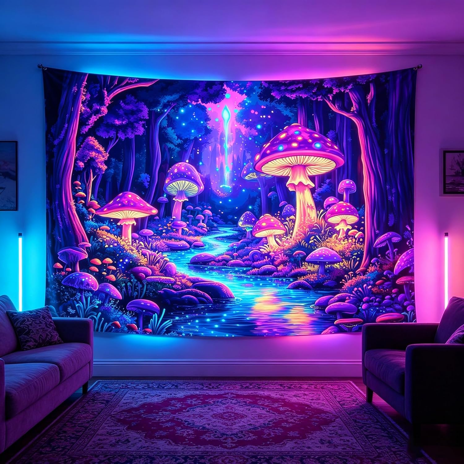 Blacklight Mushroom Tapestry for Bedroom, Fantasy Forest Black Light Posters for Adults Colorful Wall Art (59 x 51 Inches)