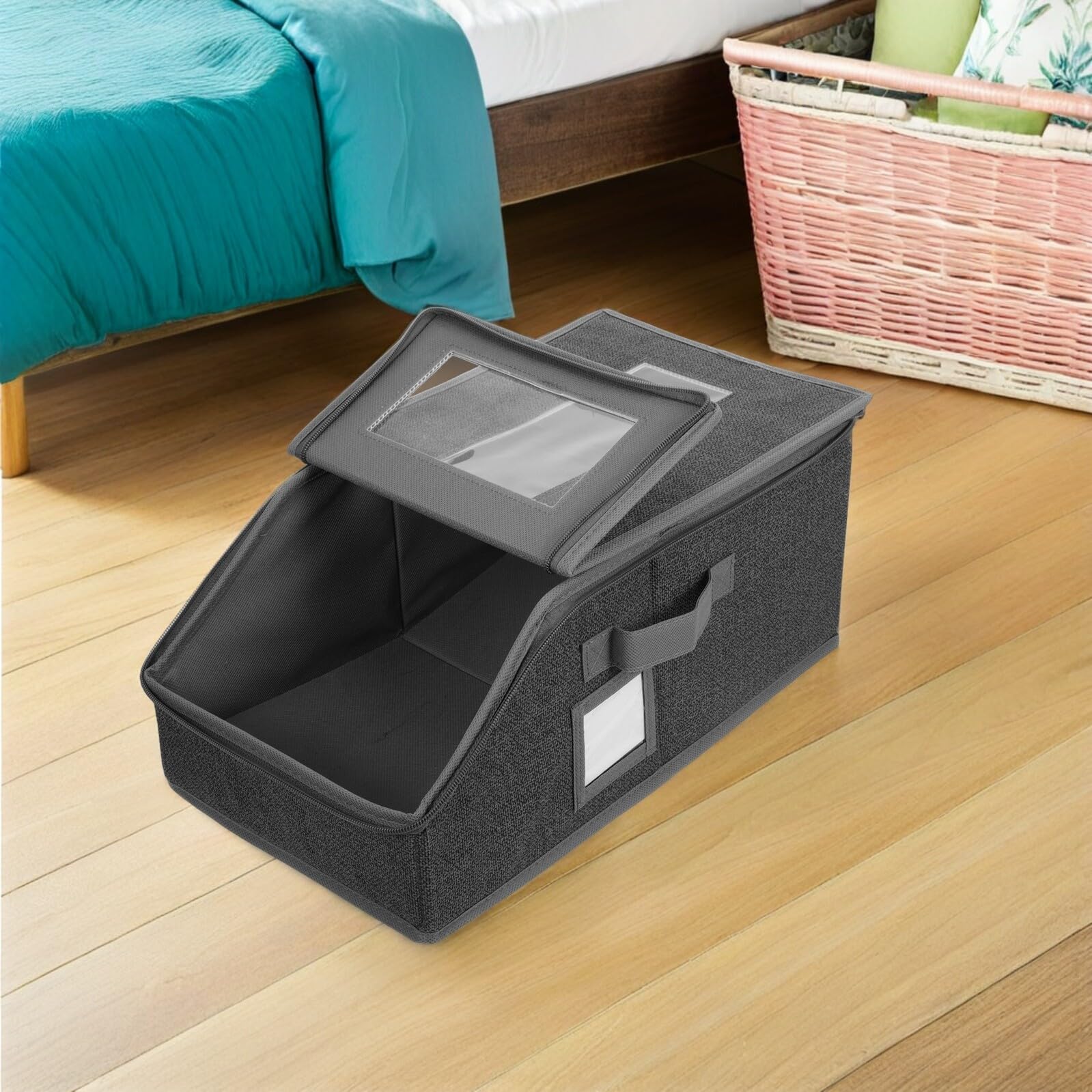 TOYANDONA Caja Organizadora de Gorras de Béisbol Plegable Transparente | 2 Piezas, Ventana Clara y Asa Lateral, Base Apilable con Cierre de Cremallera y Tarjeta Lateral