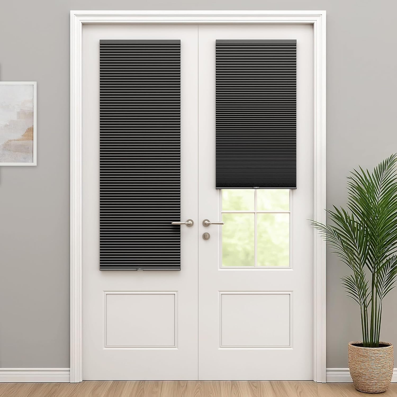 LazBlinds Cordless Cellular Shades for French Doors, No Drill French Door Blinds for Privacy, Blackout Light Blocking Honeycomb Shades for Sliding Doors Front Door Patio, 1 Pack, 18" W x 24" H, Black Black-blackout 18"W x 24"H