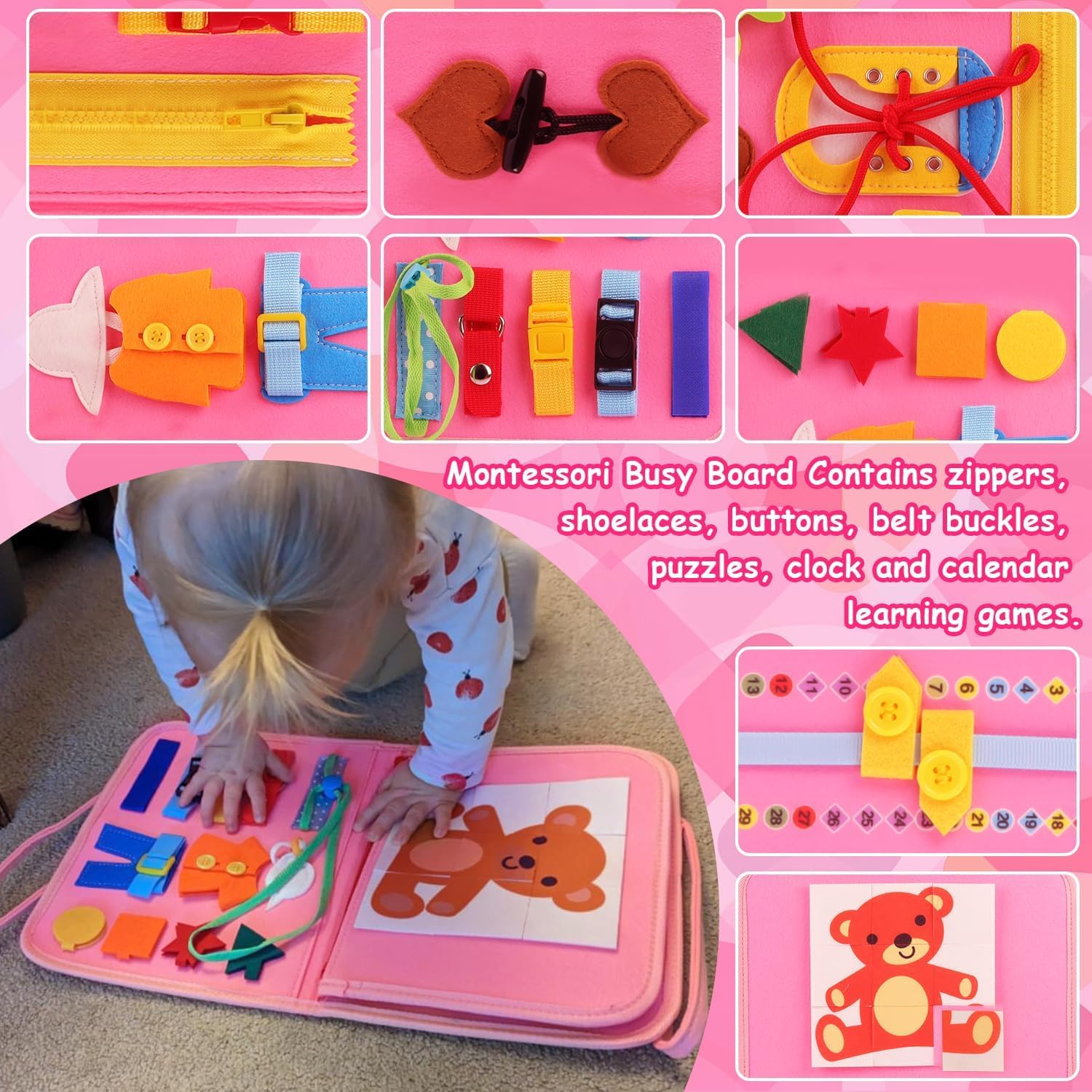 LATERN Giocattolo Montessori Busy Board per Bambini, 28CM x 21CM Tavola Sensoriale Educativa Per Attività Di Apprendimento Sviluppo Sensoriali Motorie Fini Per Bambino Regalo Aereo Auto Viaggio (Rosa)