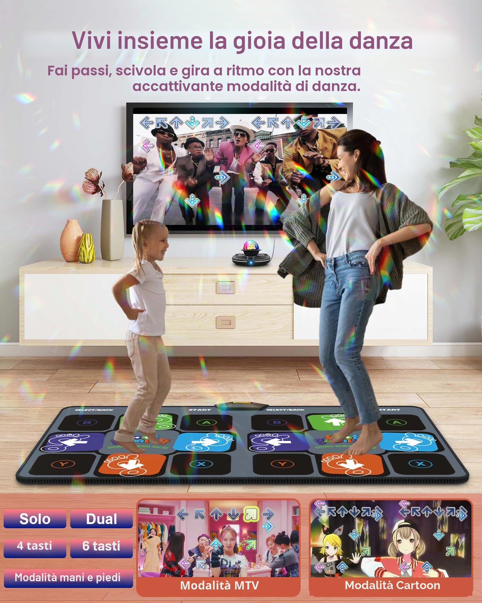 Tappetino da Ballo per Bambini per TV con Telecamera, Tappetino da Gioco Antiscivolo per Interni con 2 Controller Wireless e Palla da Discoteca Colorata, Regalo per Ragazzi, Ragazze, Adulti