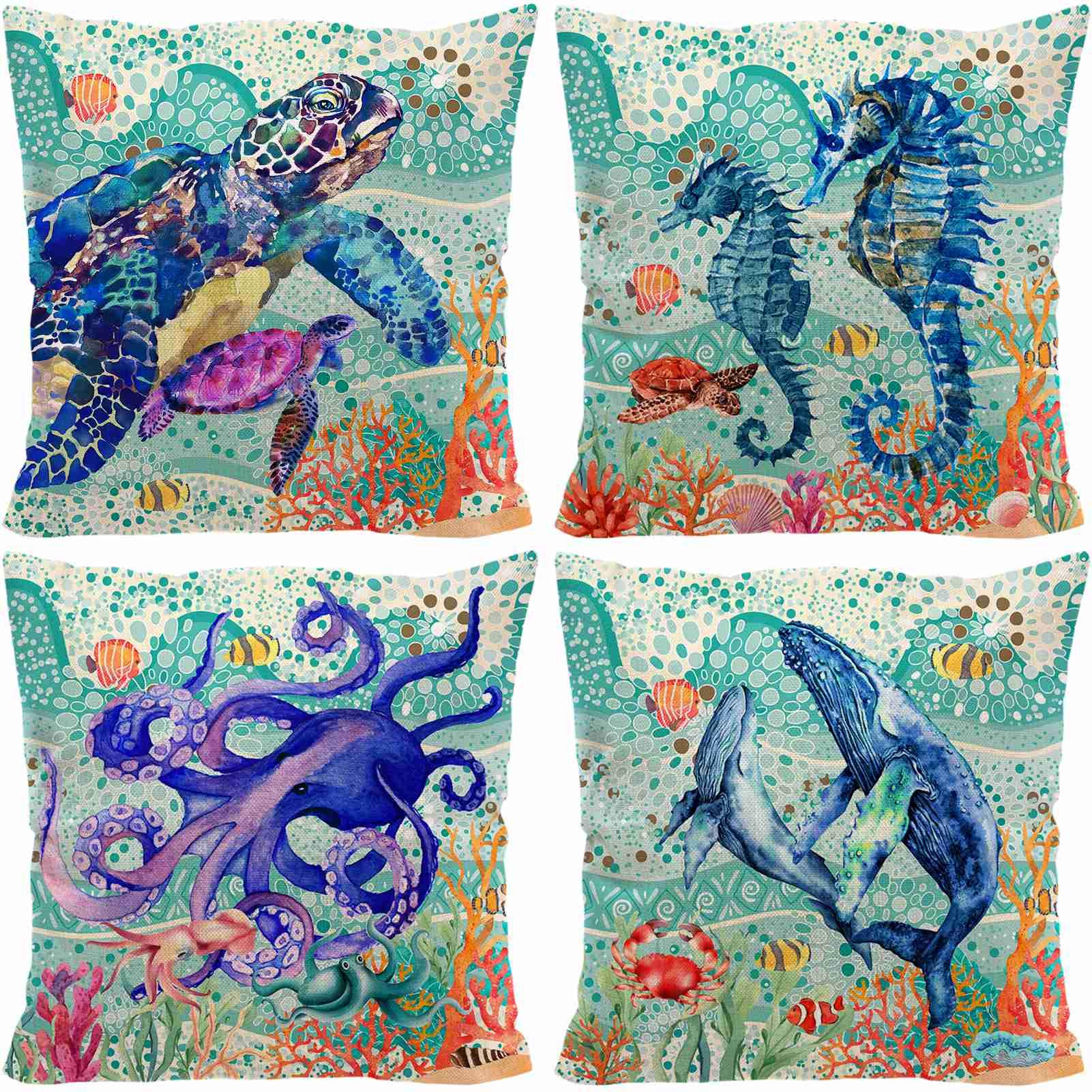 AOKDEER Ocean Theme Nautical Decorative Pillow Covers, Sea Turtle Octopus Seahorse Whale Decorative Throw Pillows 18x18, Sea Beach Coastal Mediterranean Cotton Linen Pillow Cases Home Decor for Sofa