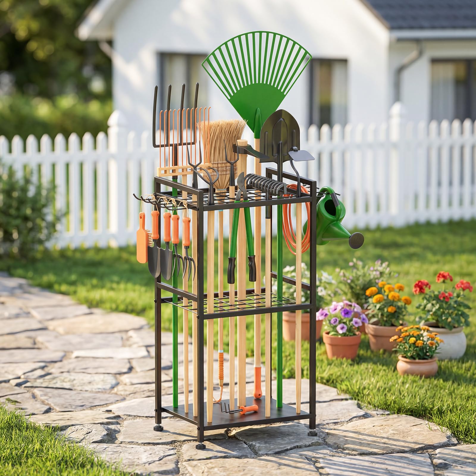 WELDUN Organizer da giardino per garage, supporto per 40 attrezzi a manico lungo, gestione del garage con ganci per capannone, scopa, rastrello, pala, tubo da giardino