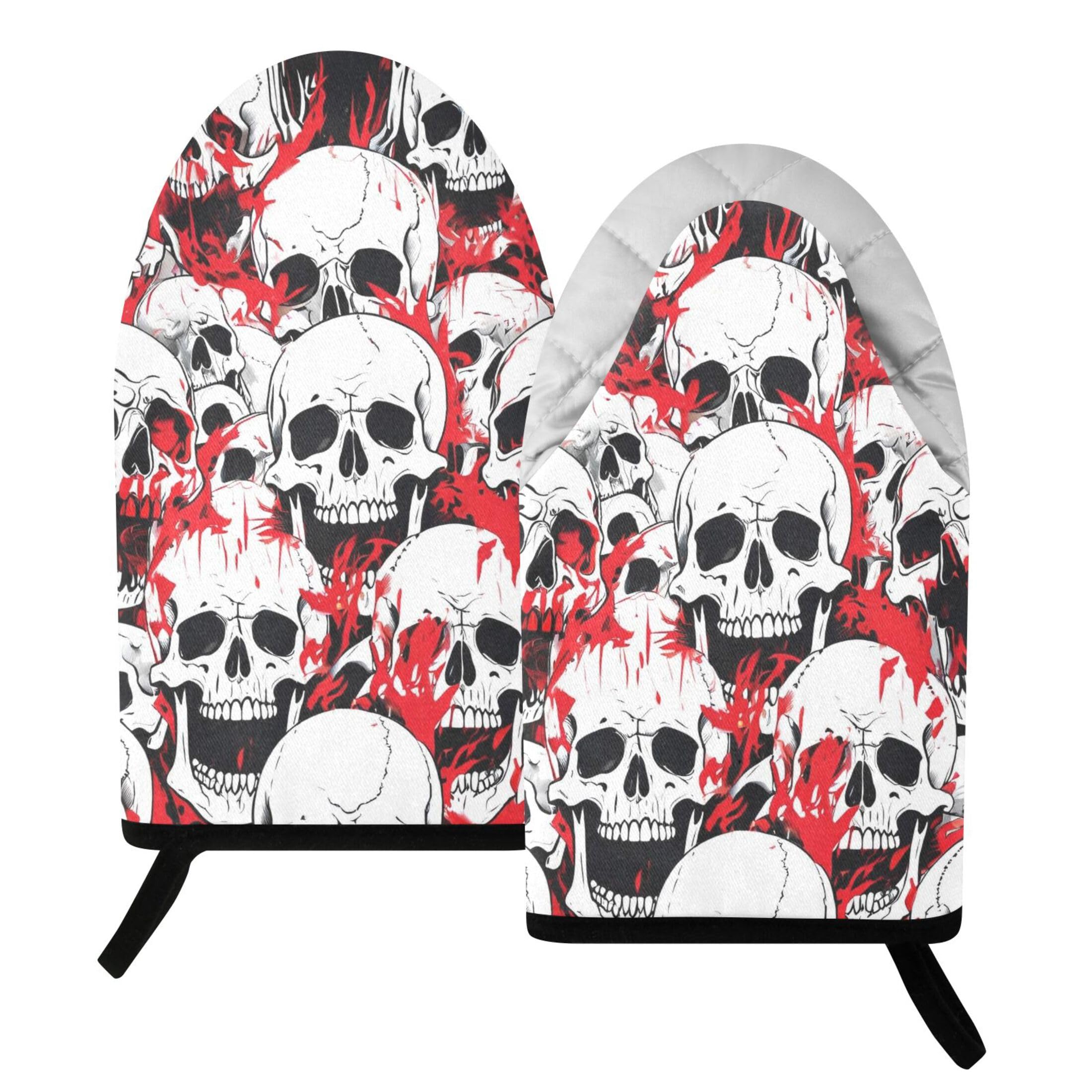 Kutsu Scary Skull Oven Mitts for Kitchen, Heat Resistant Cotton Oven Gloves for BBQ Baking Cooking, Breathable Kitchen Essentials, 2 pcs