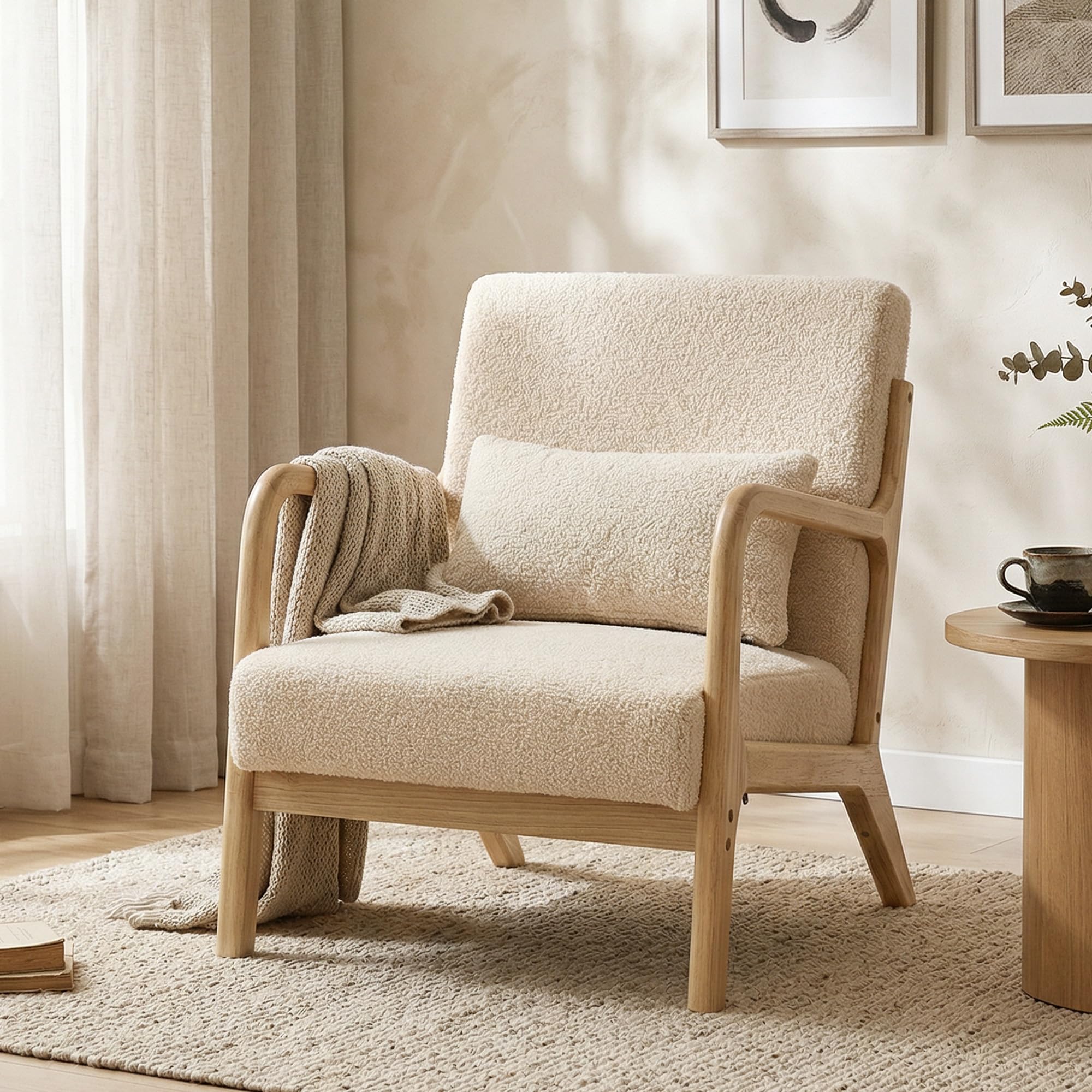 HOMCOM Fauteuil de Salon avec Cadre en Bois Massif Fauteuil Lounge - Assise Profonde - accoudoirs - Aspect Velours Beige