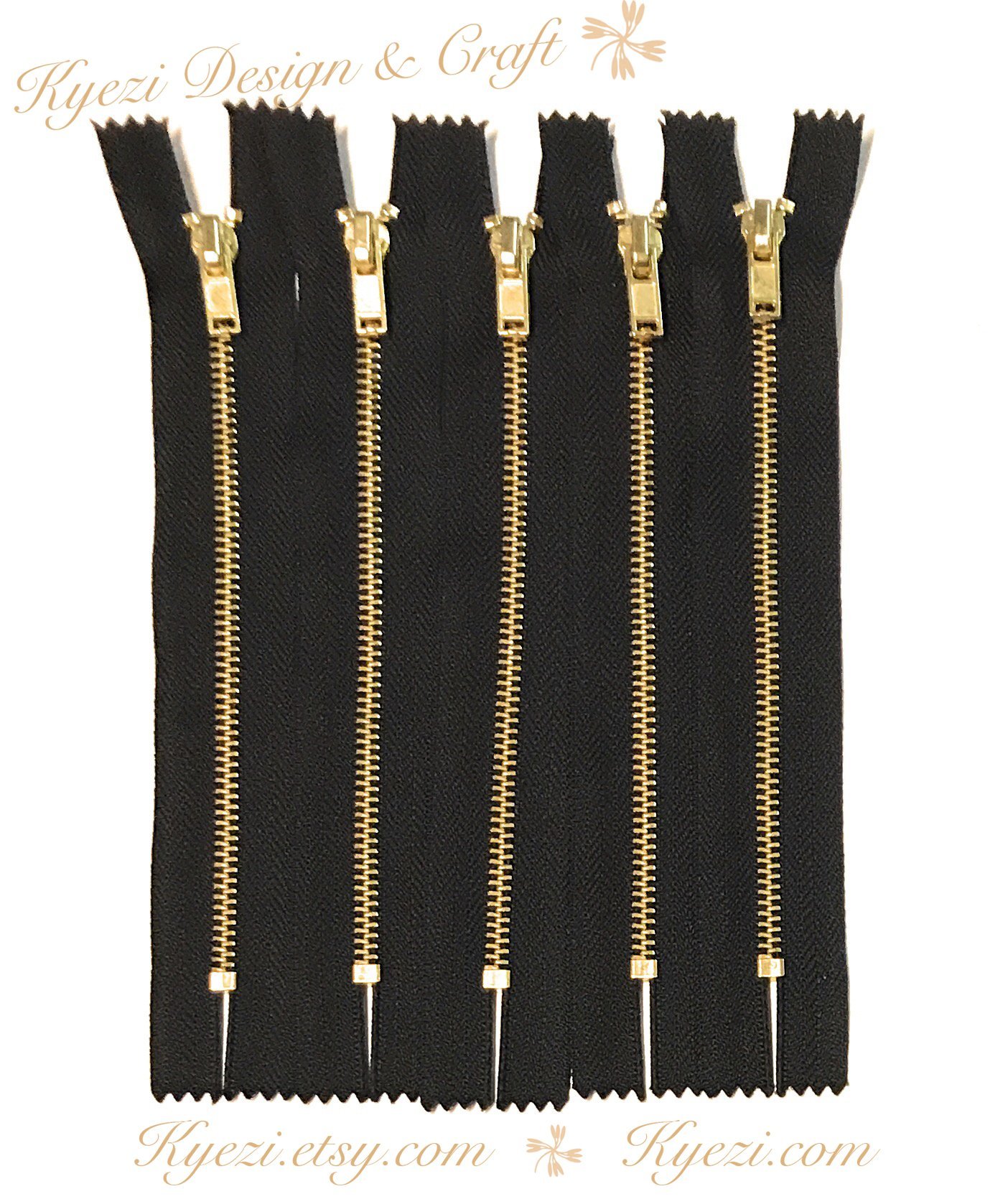 10 pcs 9 inch Black Metal Teeth Zippers, Brass Gold Teeth