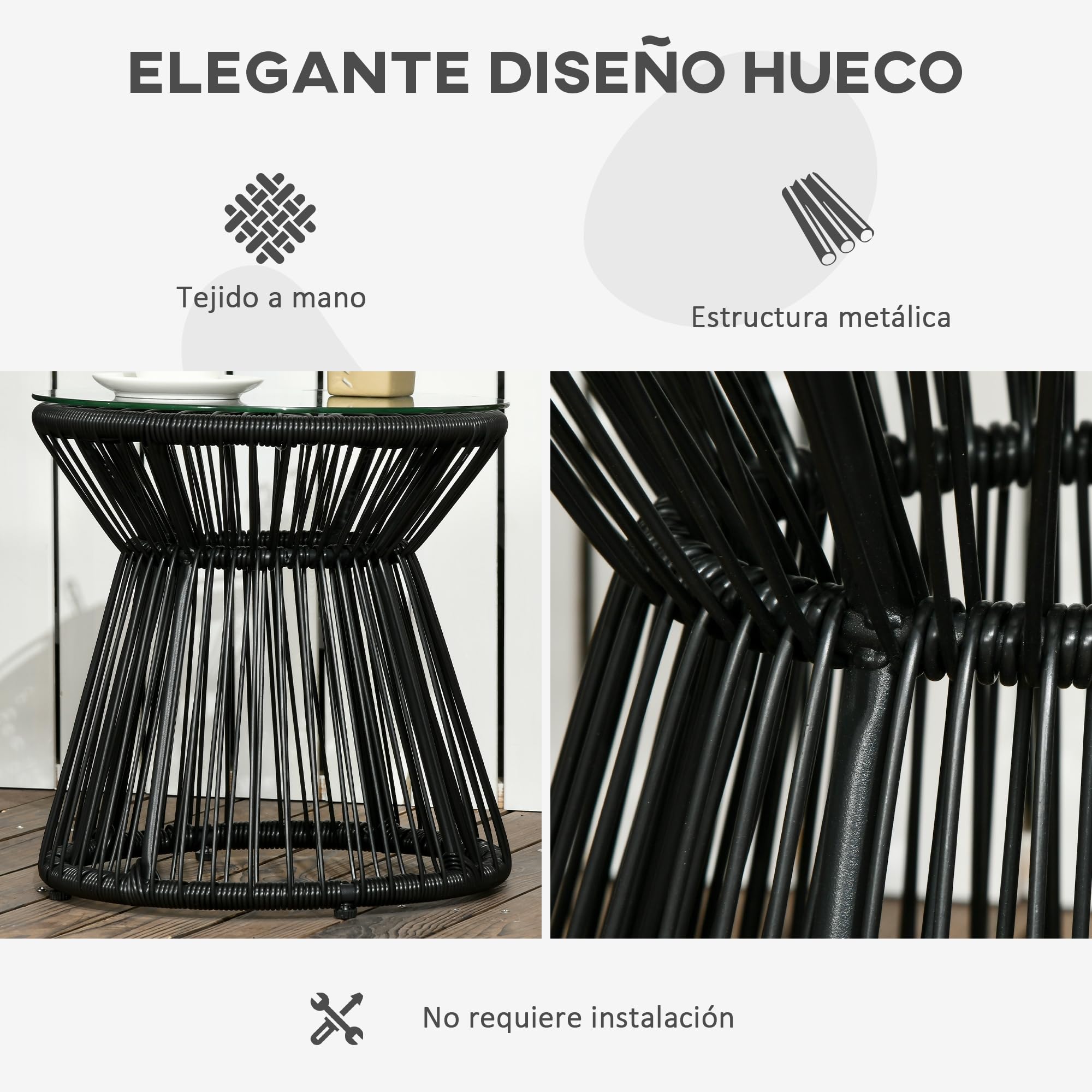 Outsunny Mesa Auxiliar de Ratán Sintético Redonda Ø40x42 cm Negro | Mesa de Centro Redonda, Marco de Metal, Carga 30 kg, para Patio Jardín Balcón