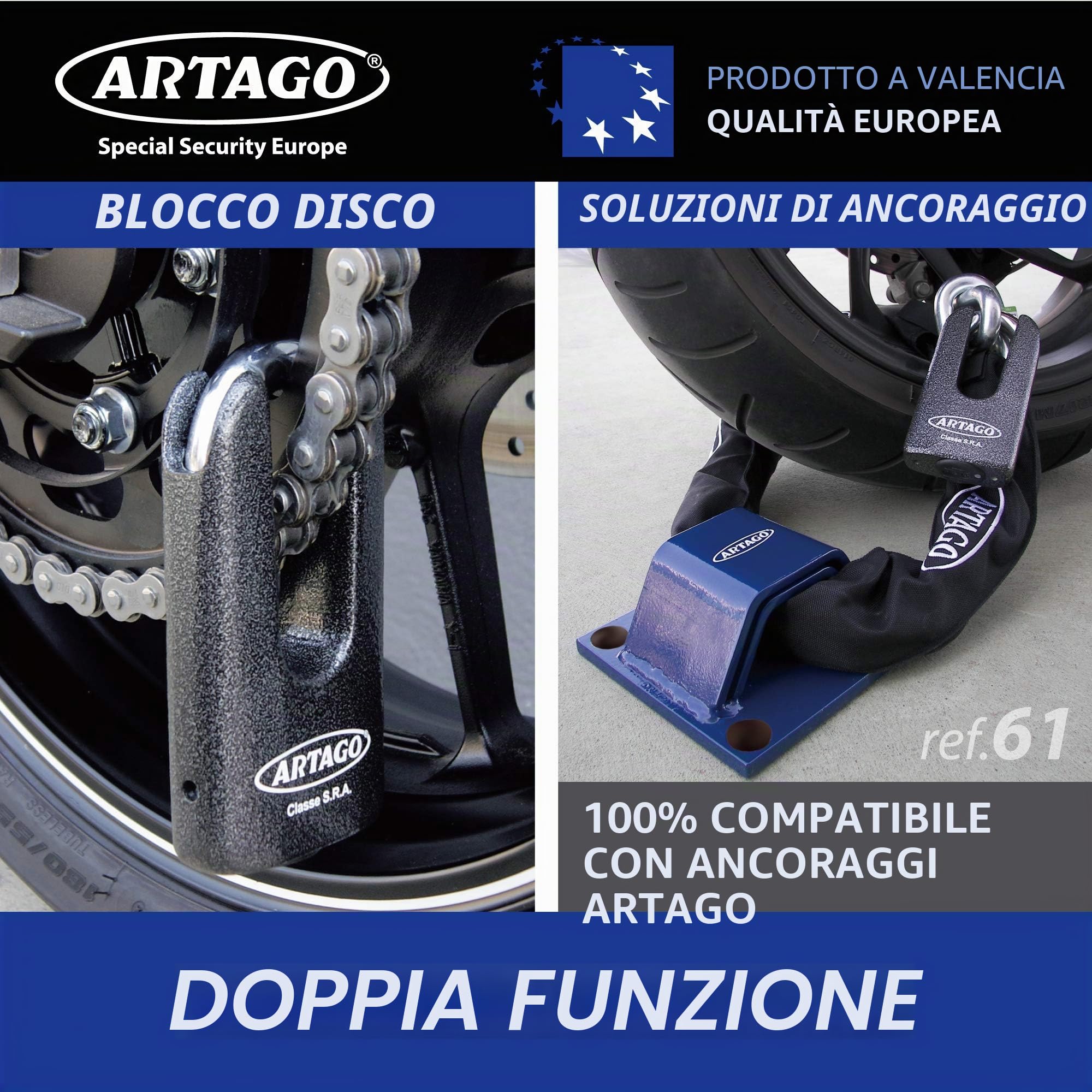 ARTAGO 69T120 Lucchetto Antifurto Moto Catena Massima Sicurezza Bunker, Doppia Funzione, Omologato, Sold Secure Gold e Sra, Nero/Grigio, ø15 120cm