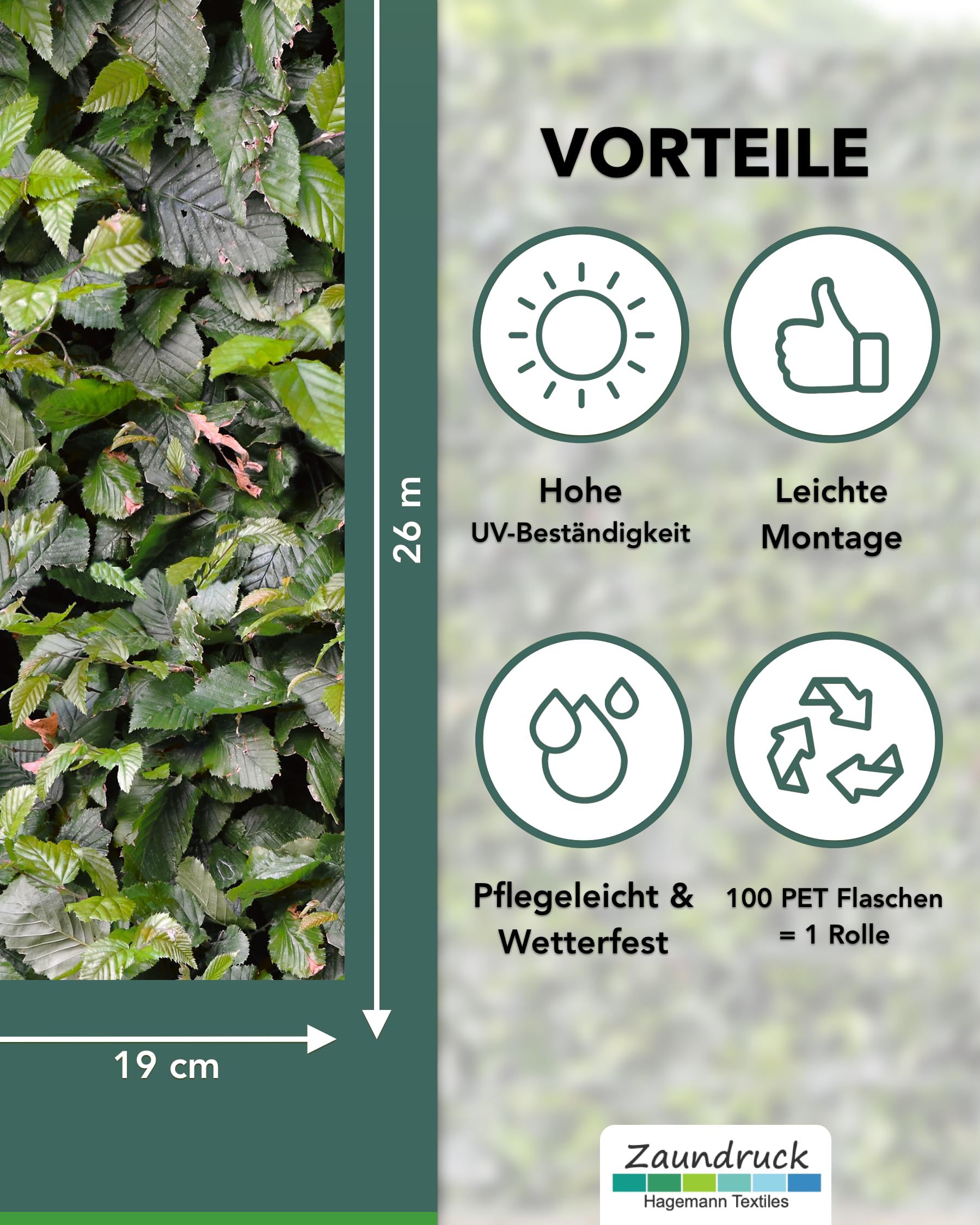 Sichtschutzstreifen Polyester - nachhaltiger Sichtschutz für Doppelstabmattenzaun - Motiv Windschutz 23,4 m x 19 cm - Sichtschutz-Rolle - Buchenhecke
