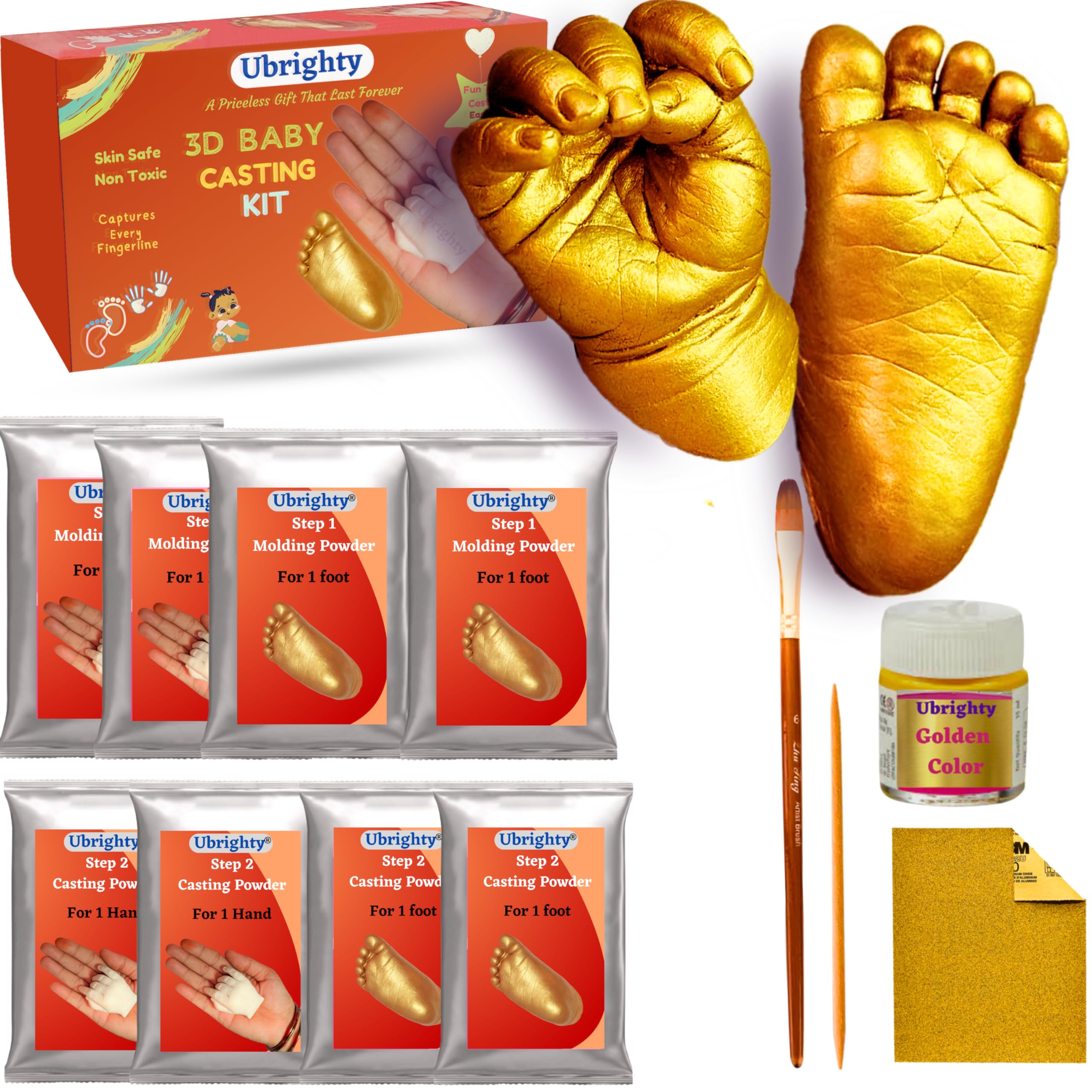 Ubrighty Hand Foot Casting kit for Baby | 3D Casting Kit, Hand Print and Foot Print, Molding Powder Clay Moulding Material (4 CASTINGS up to 9 Month Baby)
