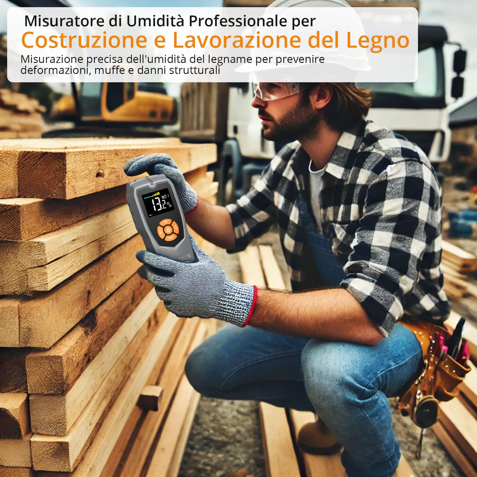 Neoteck Misuratore Umidità Legno con Display LCD Misuratore di Umidità Muri Funzione Allarme Sonoro Igrometro Professionale Senza Ago Rivelatore di Umidità per la Misurazione di Muri Legno Tenero/Duro