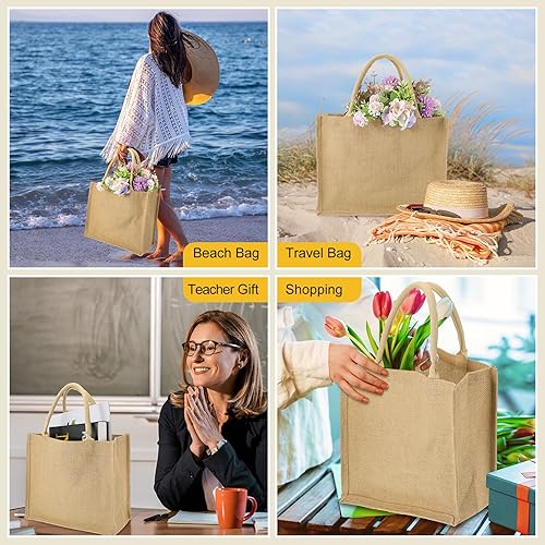 Miniatura 7 de Sanwuta 50 bolsas de arpillera a granel de yute con laminado reutilizable de verano en blanco para madre, profesor, dama de honor, boda, compras,