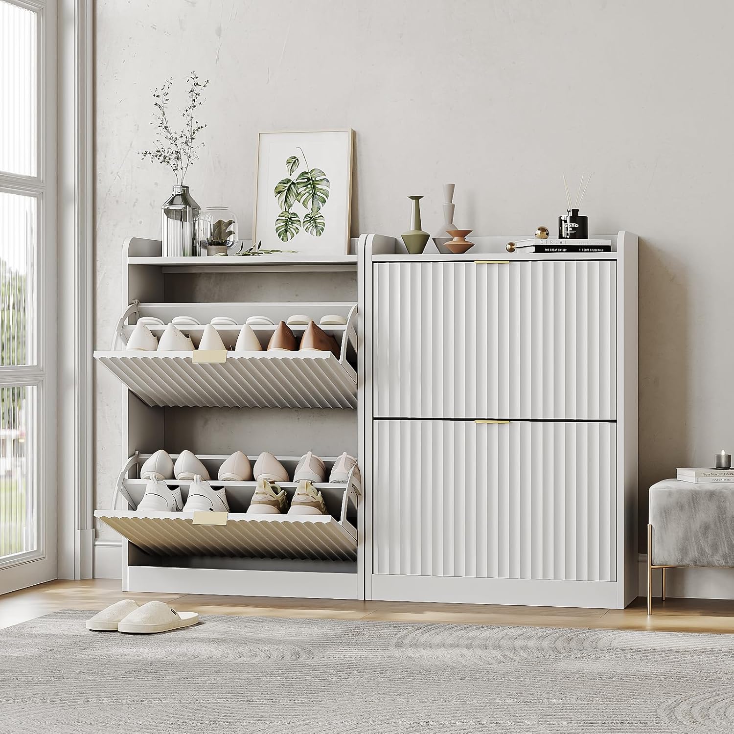 White Fluted Shoe Cabinet with 2 Flip Drawers, Narrow Shoe Storage Cabinet for Entryway, Freestanding Shoes Rack Organizer Cabinets with Adjustable Shelves for Entryway, Hallway