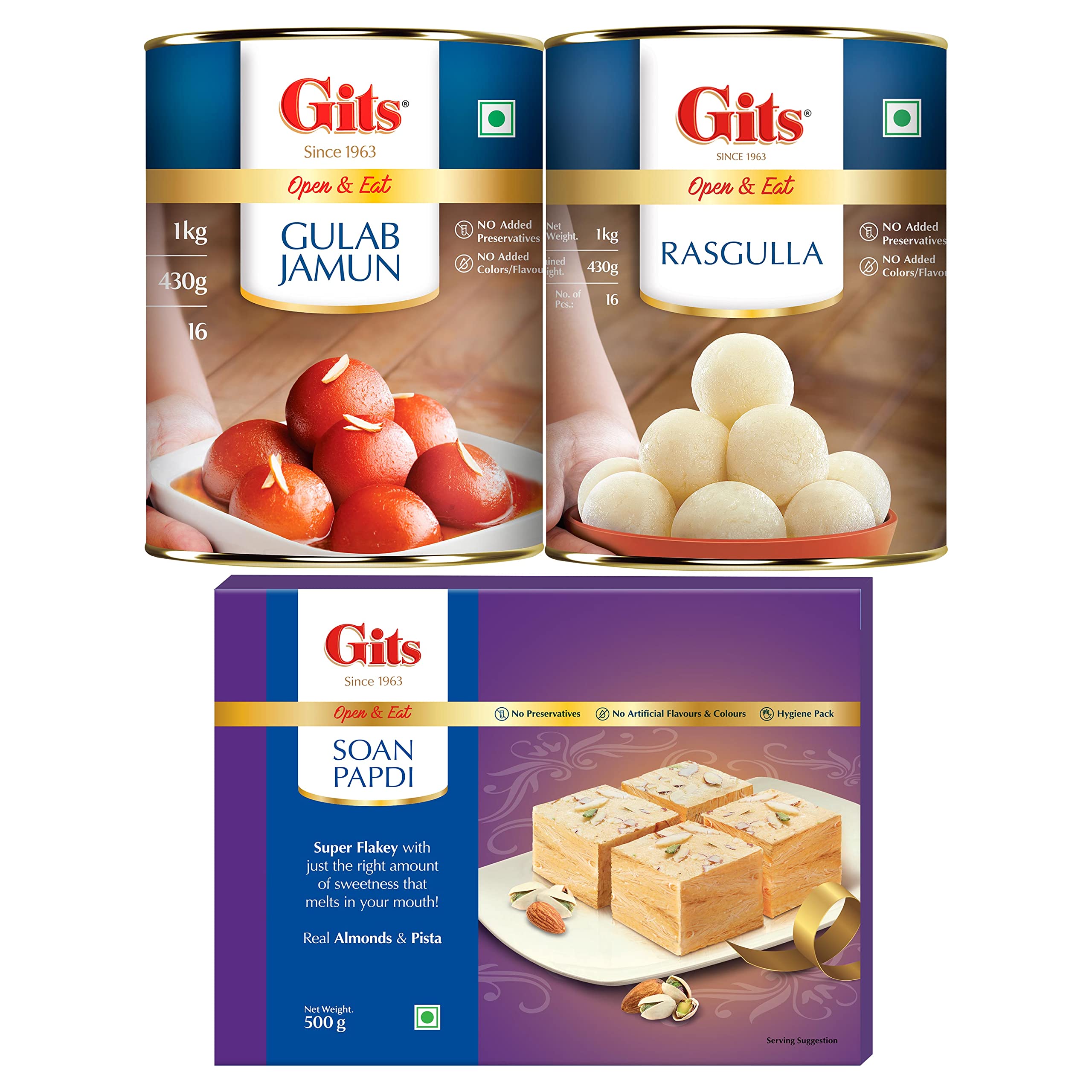 Gits Combo Gulab Jamun Tin 1Kg + Rasgulla Tin 1 Kg + Soan Papdi 500g |Open & Eat Indian Dessert | Best gift | Indian Mithai (B08M3JGVVS) Amazon Price History, Amazon Price Tracker