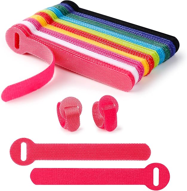 Amazon Brand - Umi Velcro Straps Adjustable, 50 Pcs Cable Tidy, Colour Cable Ties Reusable Desk Cable Management, Releasable Hook and Loop Velcro Strap for Cable Management, Organizing Cords, TV, Desk