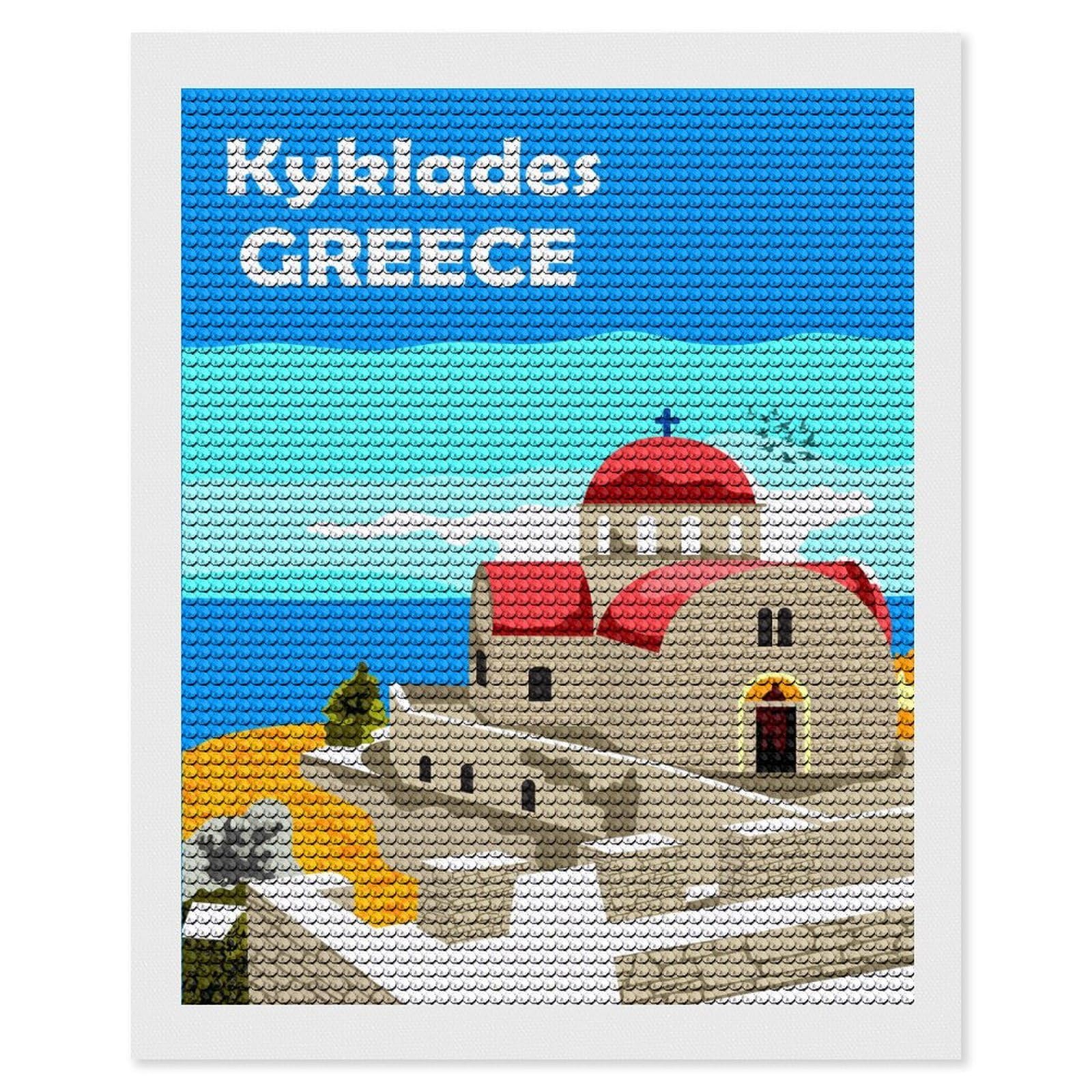 Junmoney Kyklades Greece Round Drill Diamond Painting 16"x20", for Craft Lovers, Stress Relief Craft, Bedroom Decor, Festive Craft Gift