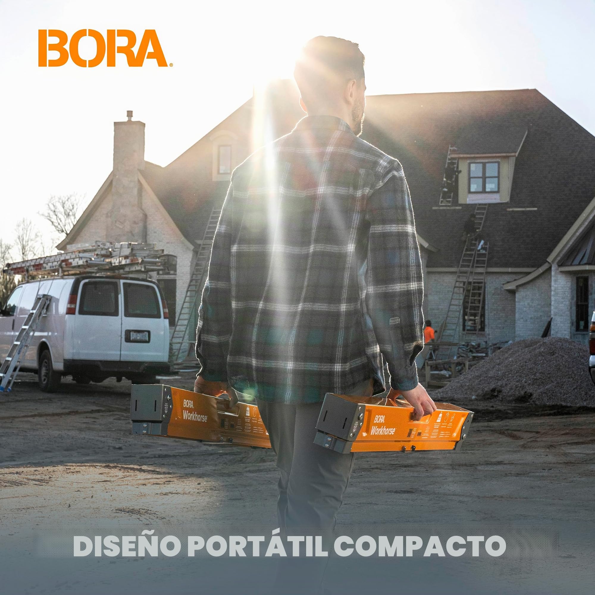 BORA Workhorse - Caballos de Sierra, Paquete de 2 caballetes Plegables Resistentes con Patas Ajustables, Caballo de Sierra Resistente para contratistas, Banco de Trabajo portátil PM-3330T, Naranja