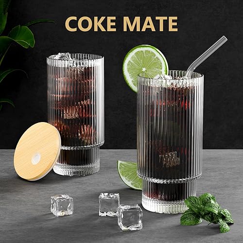 Miniatura 5 de Juego de 4 tazas de vidrio acanalado de 16 onzas con tapas y pajitas, cristalería vintage para whisky, cóctel, cerveza, tazas de café helado con