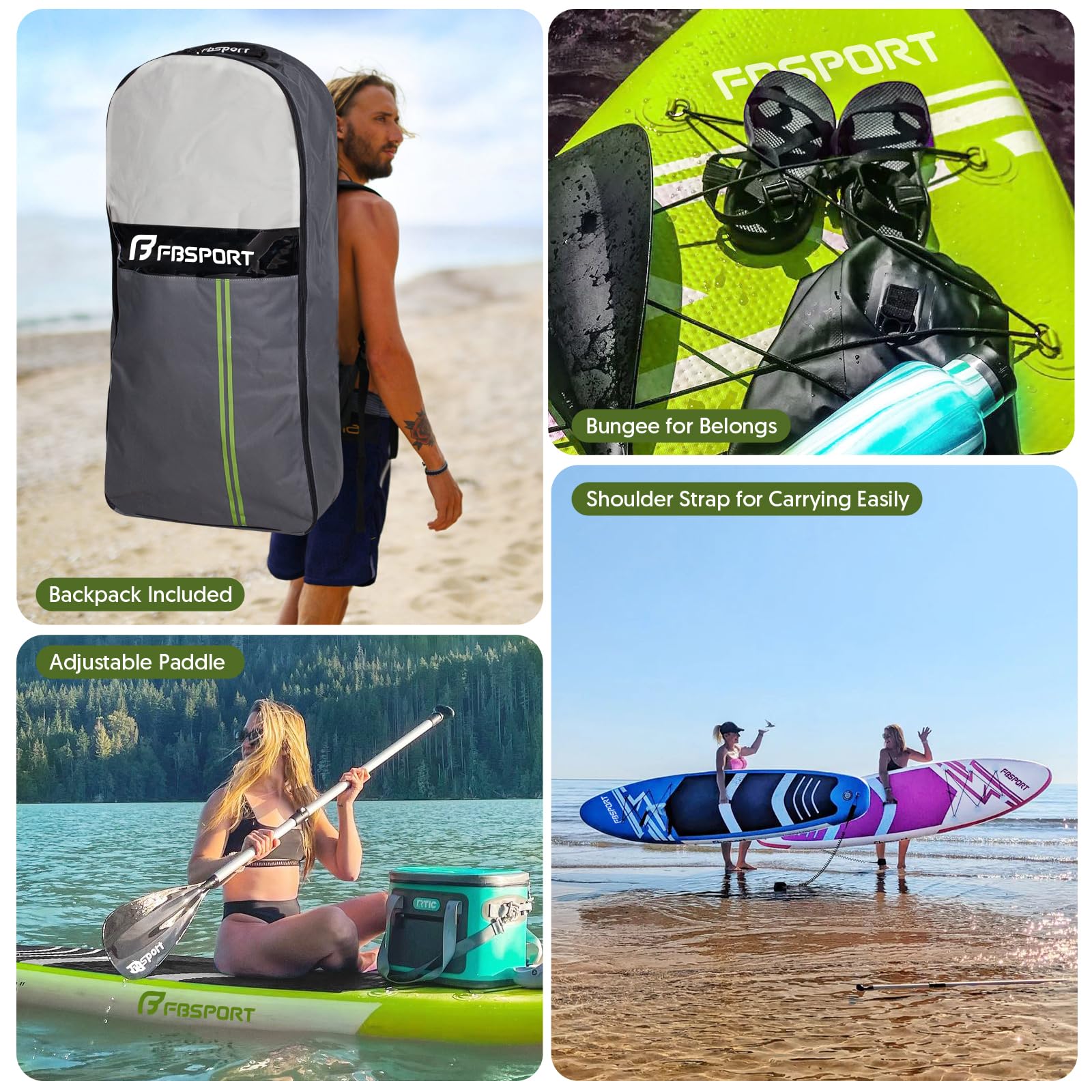 FBSPORT Planche à pagaie gonflable de qualité supérieure avec accessoires durables et sac de transport | Large position, contrôle du surf, pont antidérapant, laisse, pagaie et pompe pour jeunes et