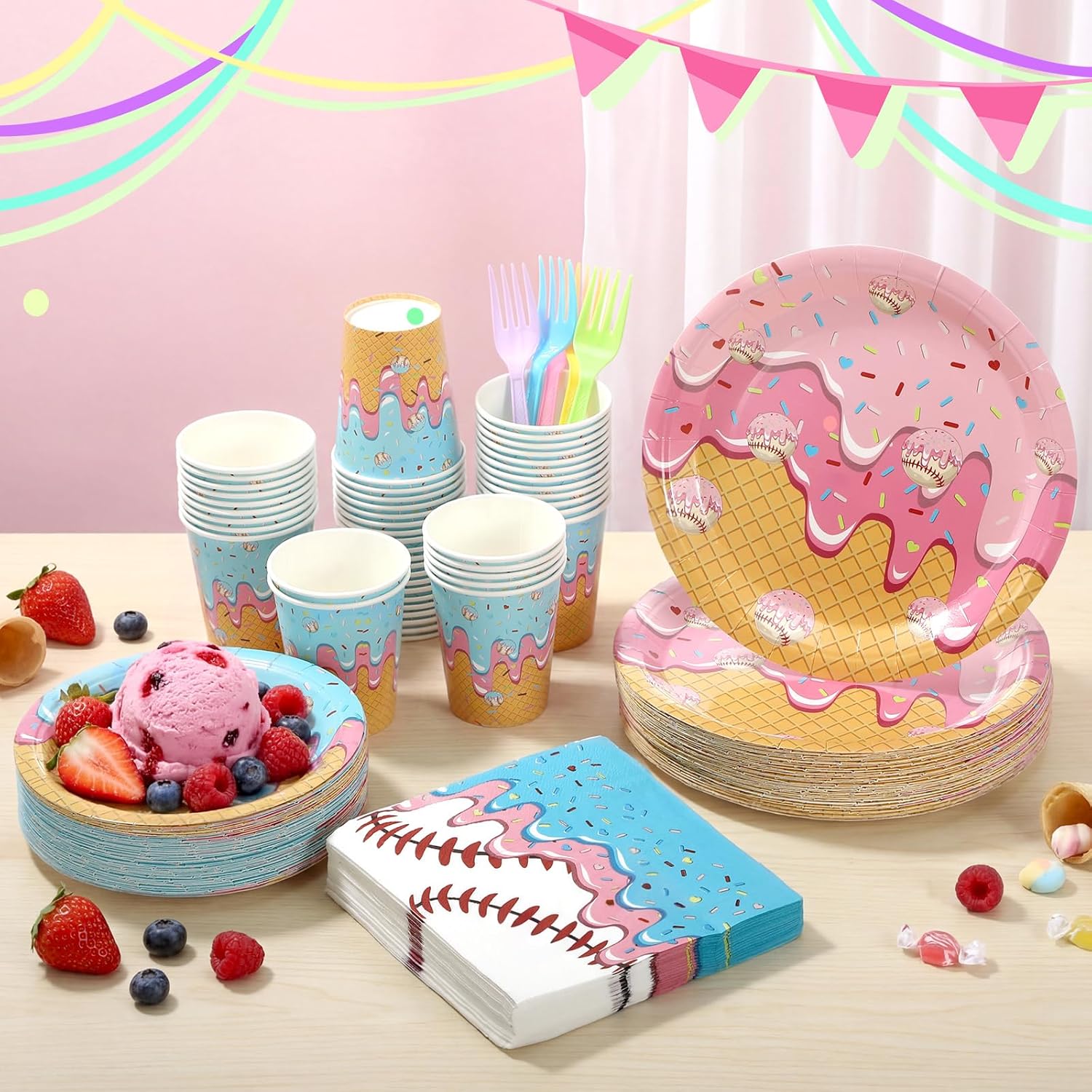 Remerry 240 Pcs Ice Cream Drip Baseball Party Supplies Disposable Baseball Ice Cream Drip Tableware Kits Included Plates Napkins Fork Cups for Sport Birthday Baby Shower Parties Decorations