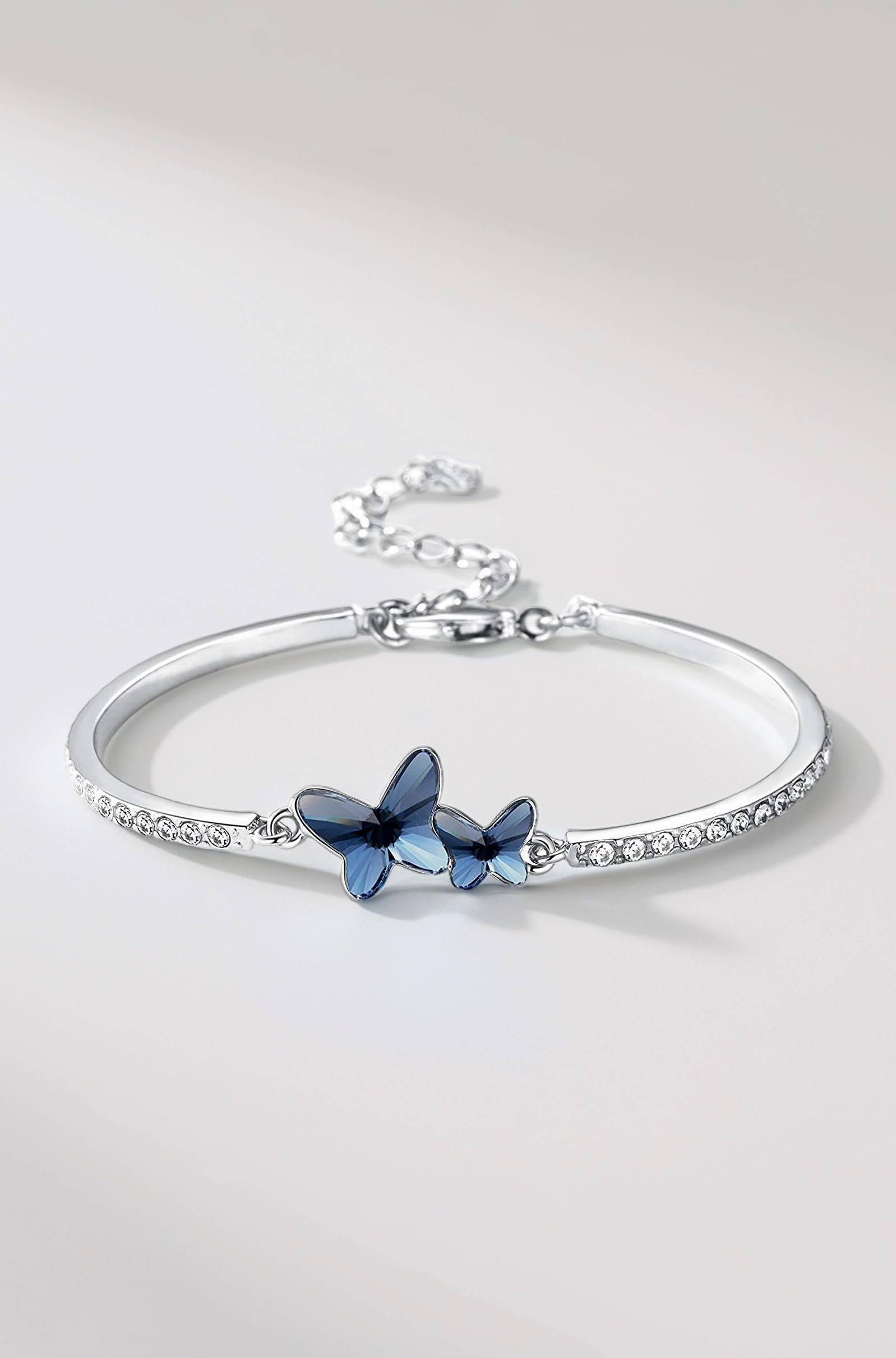 Valentine Gift Girlfriend Wife Stylish Blue Crystal Silver Platinum Plated Cubic Zirconia Charm Bracelet for Women Girls (vg10958b)
