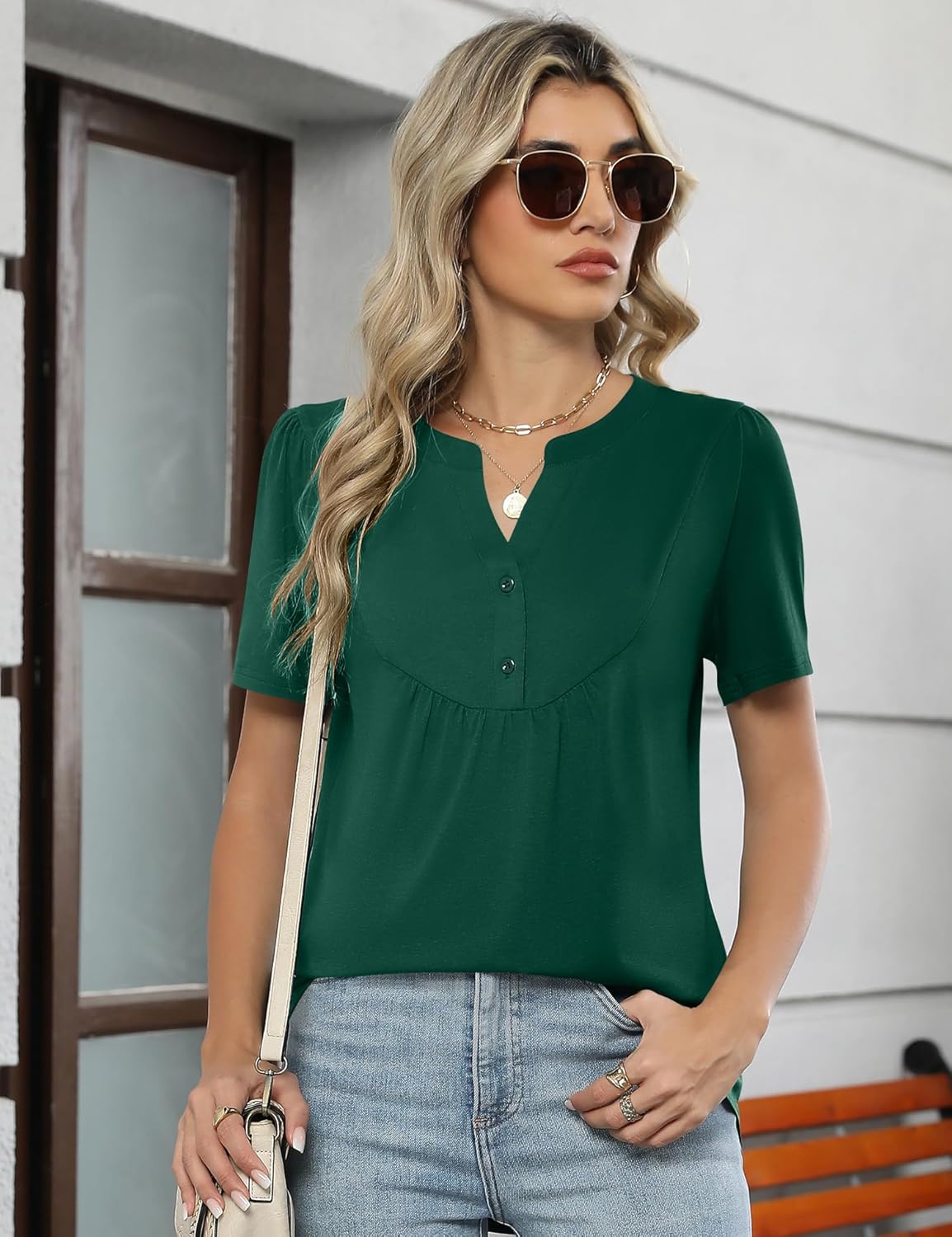 LOMON Womens Short Sleeve Tops Henley V-Neck T-Shirts Casual Pleated Blouses Dressy Loose Summer Clothes 2025 S-XXL - Image 3