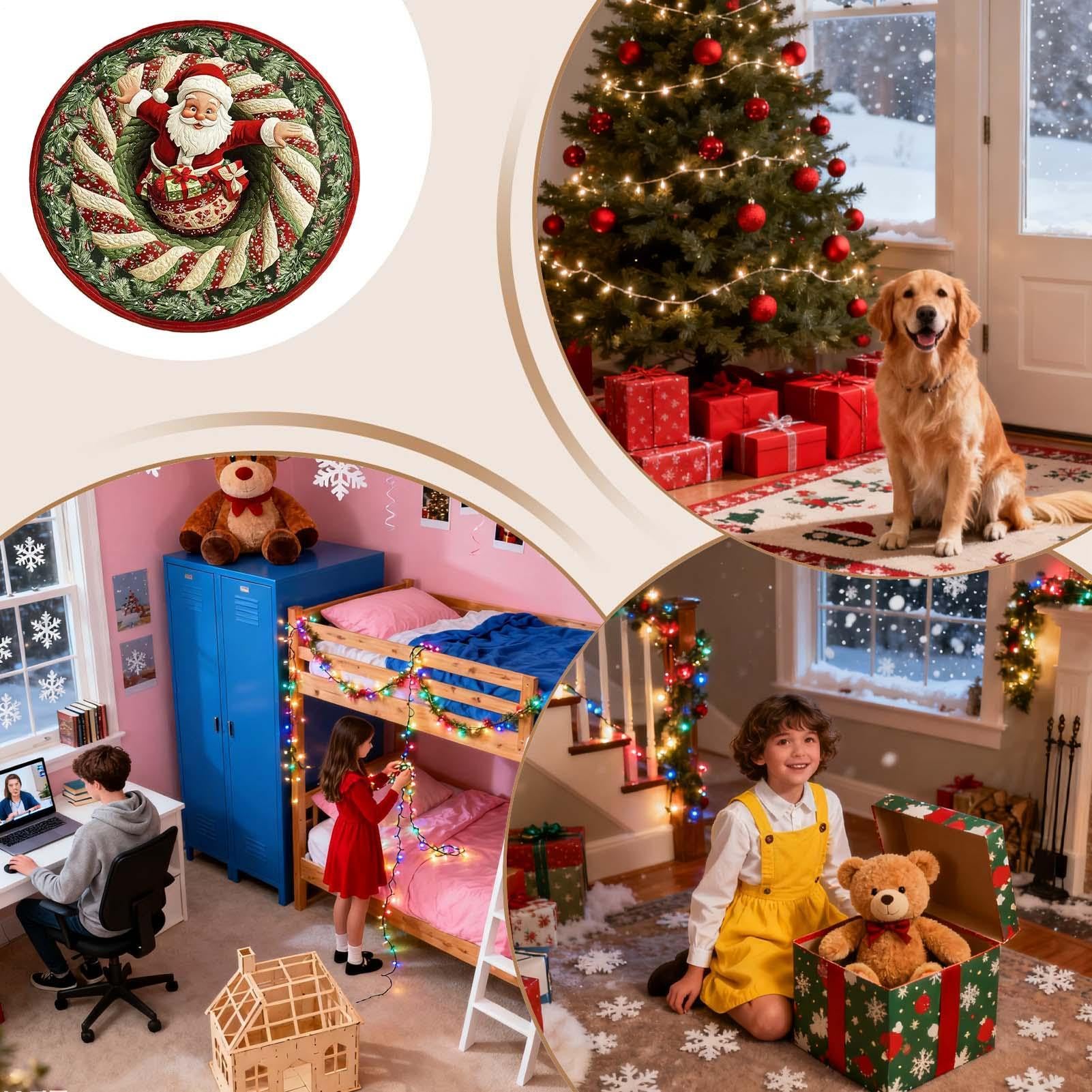 Tapis Rond De Noël en Illusion 3D Tapis Père Noël Anti-Dérapant 3D