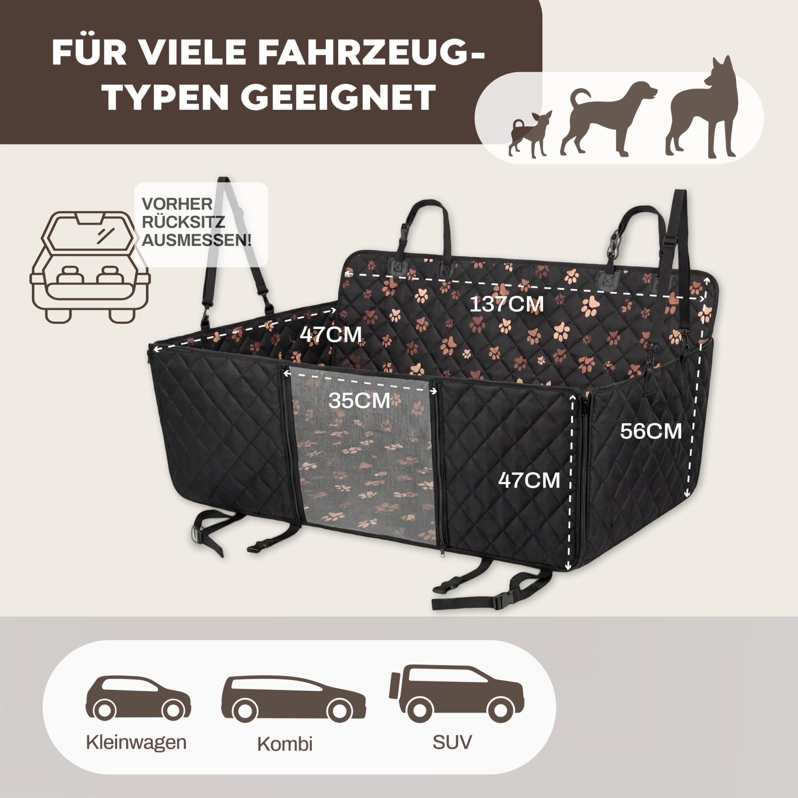 Hainberger Hundedecke Auto Rückbank Wasserabweisende Kratzfeste Autodecke für Hunde wasserdichte rutschfeste Autoschondecke mit Seitenschutz und Sichtfenster,4-in-1 Rücksitzschoner 137x147(mit Muster)