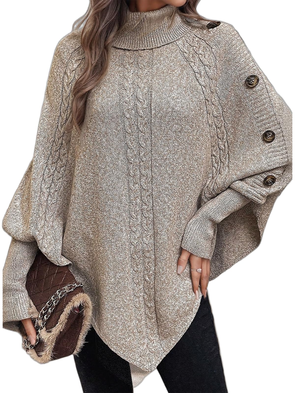 Flamingals Womens High Neck Poncho Sweater Long Batwing Sleeve Oversized Sweater Solid Cable Knit Asymmetrical Hem Tops