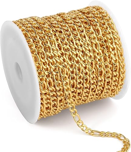 33 pies Cadena Figaro de acero inoxidable, 0.138 in de ancho 304 cadenas de eslabones de acero inoxidable rollo a granel para fabricación de joyas,