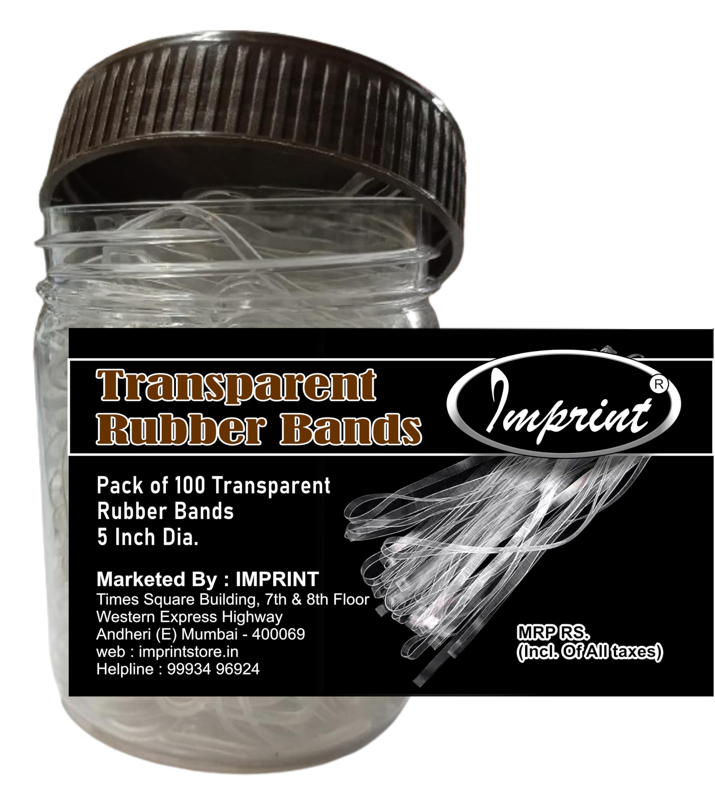 IMPRINT 100 Pc Large Transparent Rubber Bands 5 In. flat length x 4 mm in width. Heavy Duty for Securing bundles, Files, Garbage Can, Office, Home School Restaurant etc in a reusable jar.