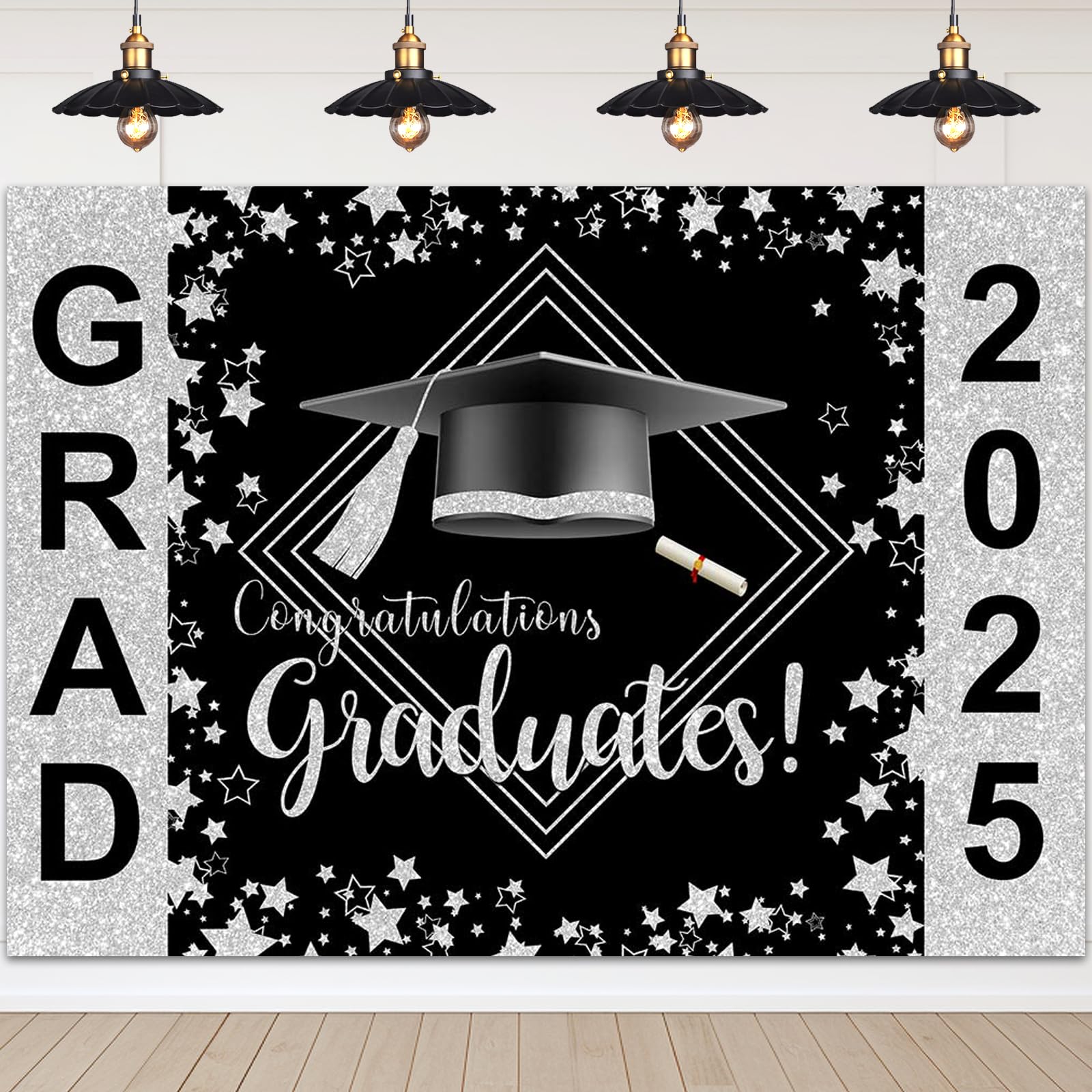 Avezano 8x6ft Graduation Backdrop Black and Silver Graduation Backdrops Class of 2025 Graduation Party Decorations Photo Booth