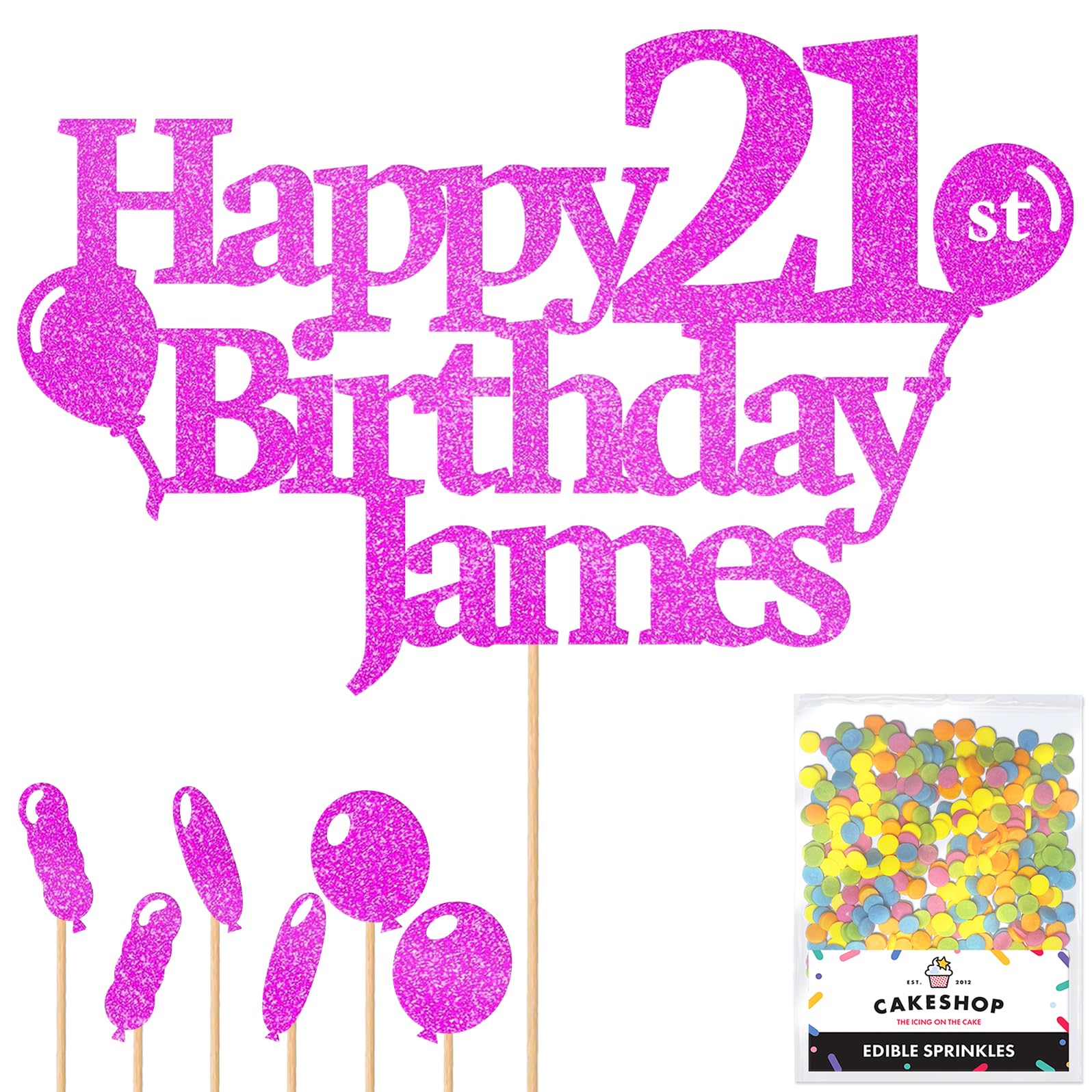 Personalised Happy Birthday Glitter Cake Topper with Balloons - Pink Any Name Age Glitter Cake Decoration and Sprinkles - Happy Birthday Decorations - Personalised Toppers for Cakes by Cakeshop