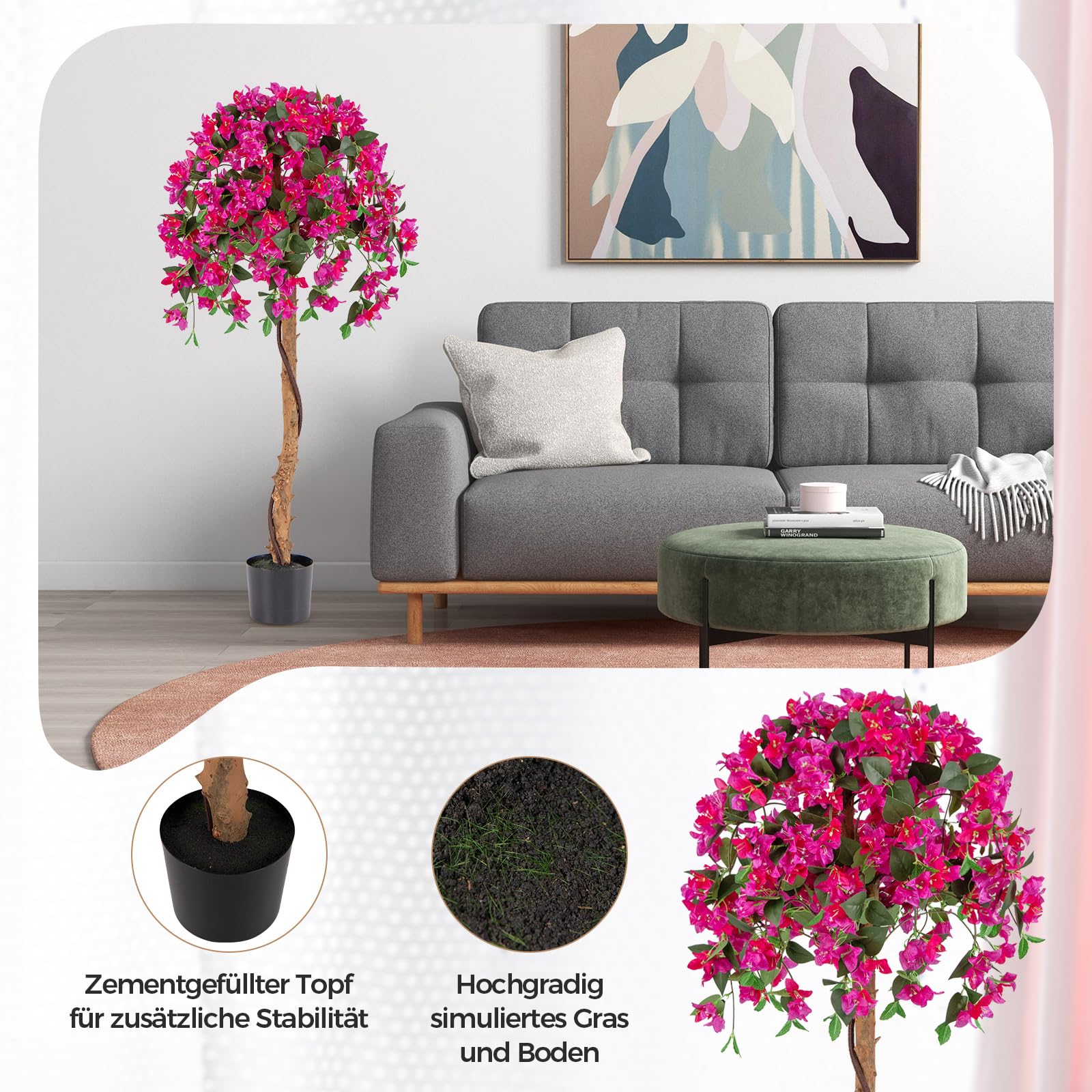 COSTWAY 2 er Set 135 cm Kunstbaum mit Blüten, Kunstpflanze im Topf, Künstlicher Baum mit Azalee-Blumen, Realistische Topfpflanze, Kunstblume für Zuhause, Büro, Zimmerpflanze Dekopflanze, Rosa
