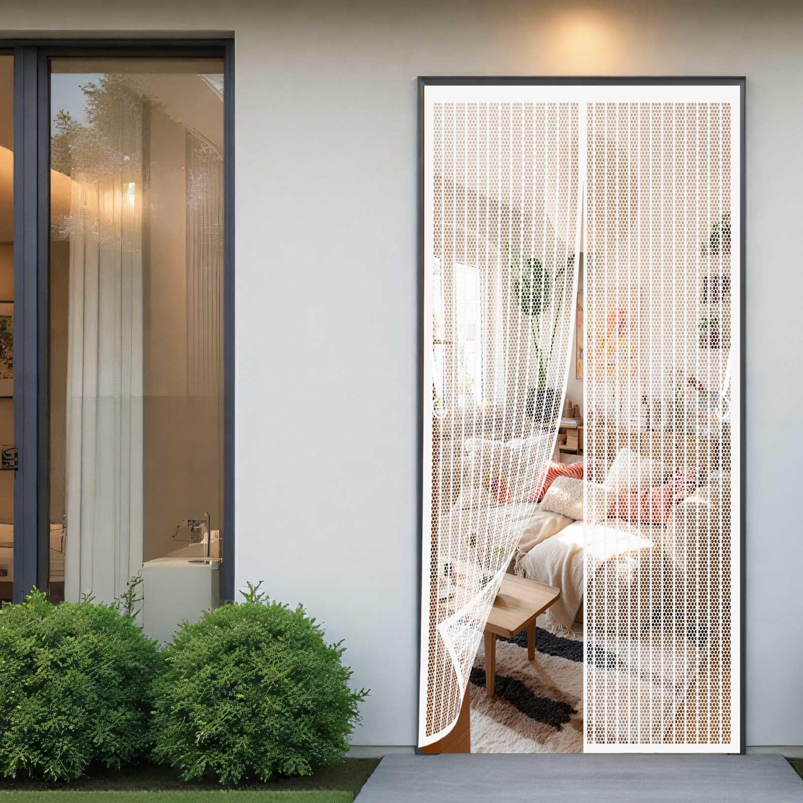 Magnetic Fly Screen Door 130 x 256 cm with Powerful Magnets and Full Frame Magic Tape Bug Mesh Curtain Self Sealing No Gap, Pet-Friendly for Living Room, Kitchen, Bedroom, White