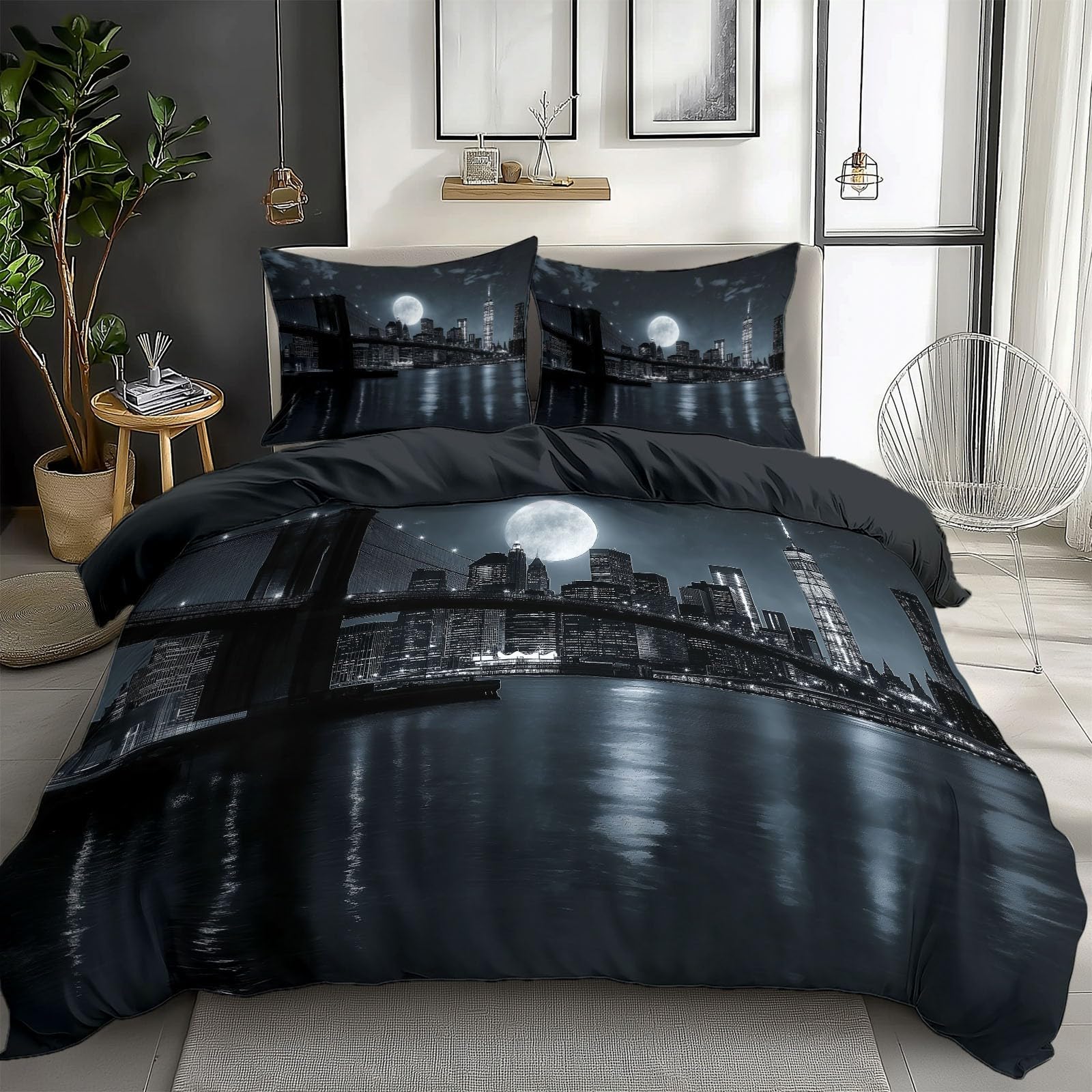 Grey California King Duvet Cover City New York Night View Cal King Bedding Set 3 Pieces, Soft and Breathable Microfiber Comforter Cover with 2 Pillow Shams, for All Season
