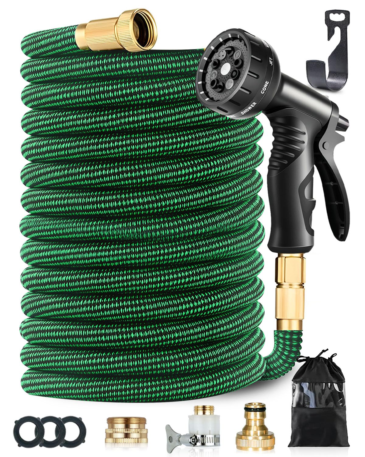 150FT Expandable Garden Hose, Flexible Magic Water Hose with 3/4" & 1/2" Fittings, 10-Pattern Thumb Control Spray Nozzle, 3750D Durable Outer Layer, Leakproof, Kink-Free & Lightweight, Green