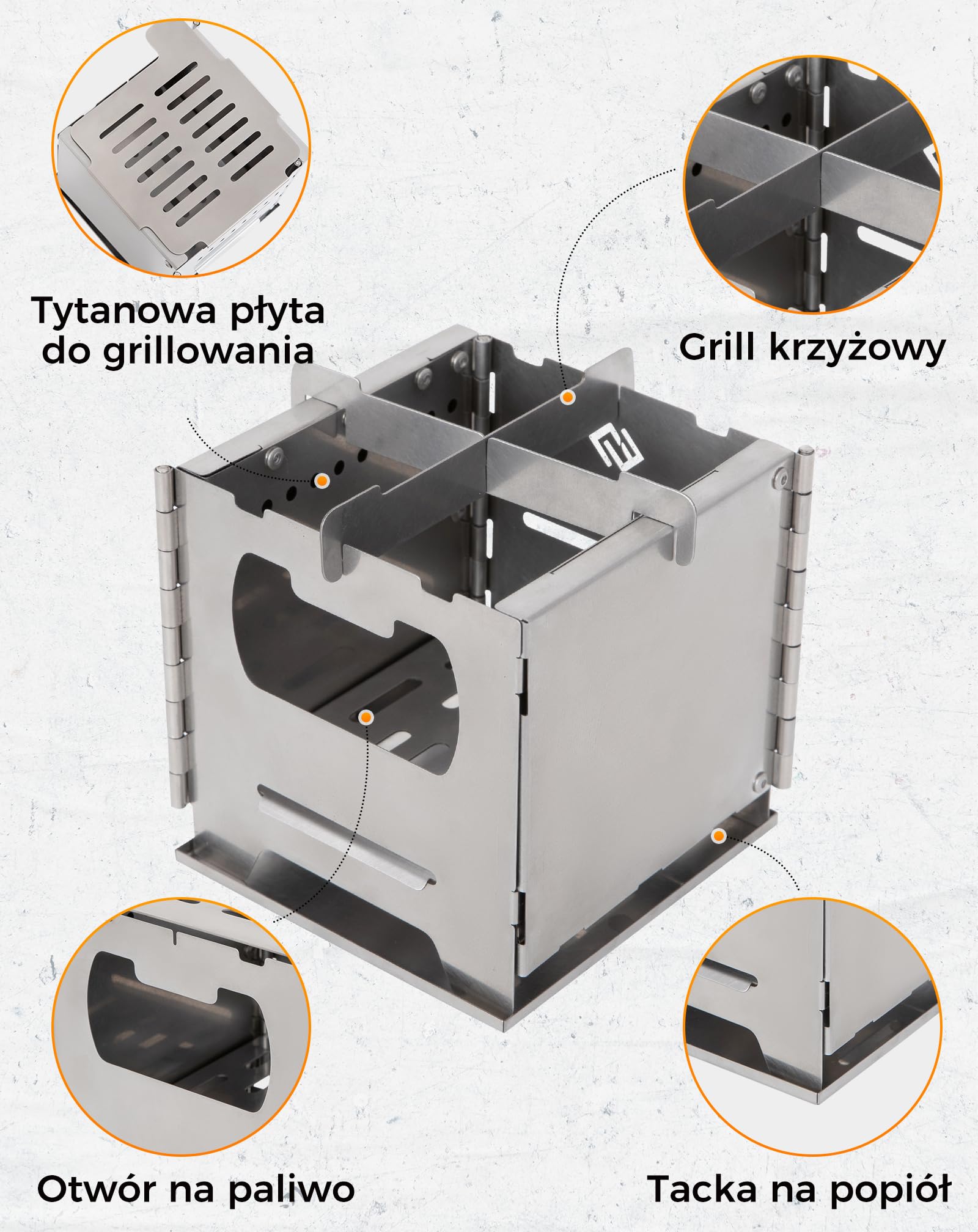 COOK'N'ESCAPE Przenośny piec kempingowy z drugim spalaniem, składany piec na drewno ze stali nierdzewnej, kuchenka outdoorowa z tytanową płytą grillową, nadaje się na kemping, grillowanie, wędrówki
