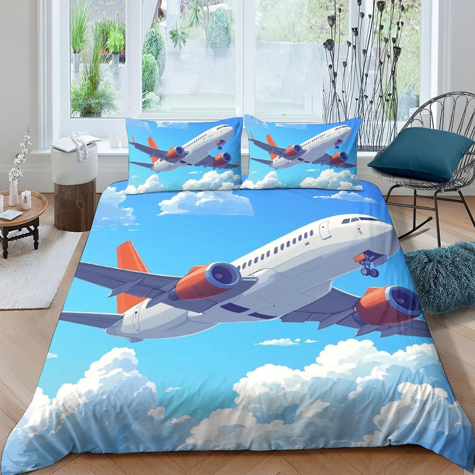 Ctjqhvkz Style-4 3D Printed Airplane Sky Fitted Sheet Microfiber Soft Blue Clouds Bed Cover For Bedroom Guest Mattress Decor Single（135X200cm）