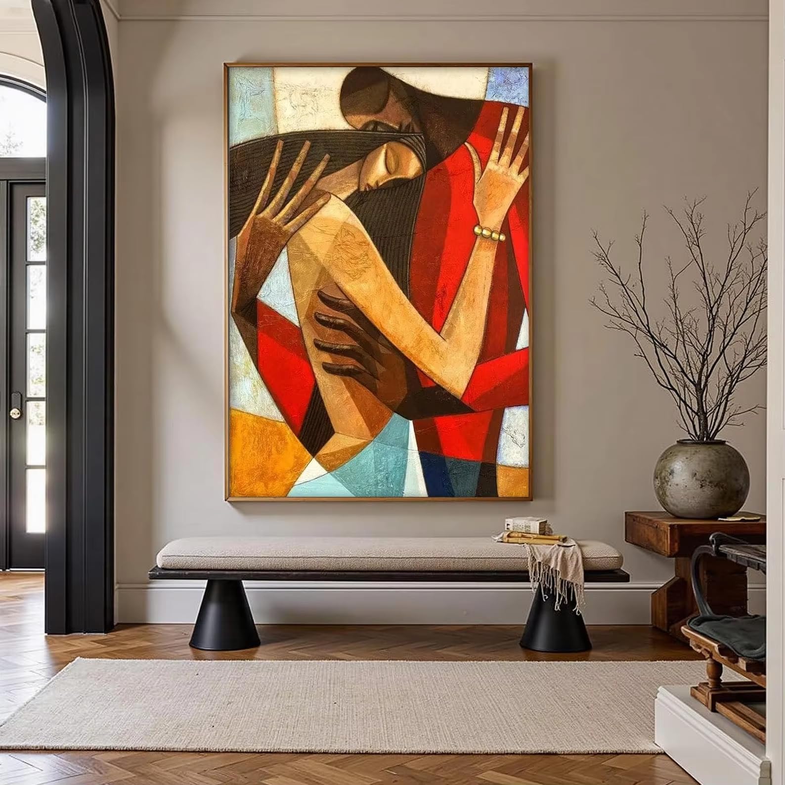 Ihhgnb No Frame Abstract Embrace Painting On Canvas Cubist Lovers Earth Tones Red Accents Modern Romantic Prints Wall Art For Home Decor(70X90cm(26X35in)/No Frame)