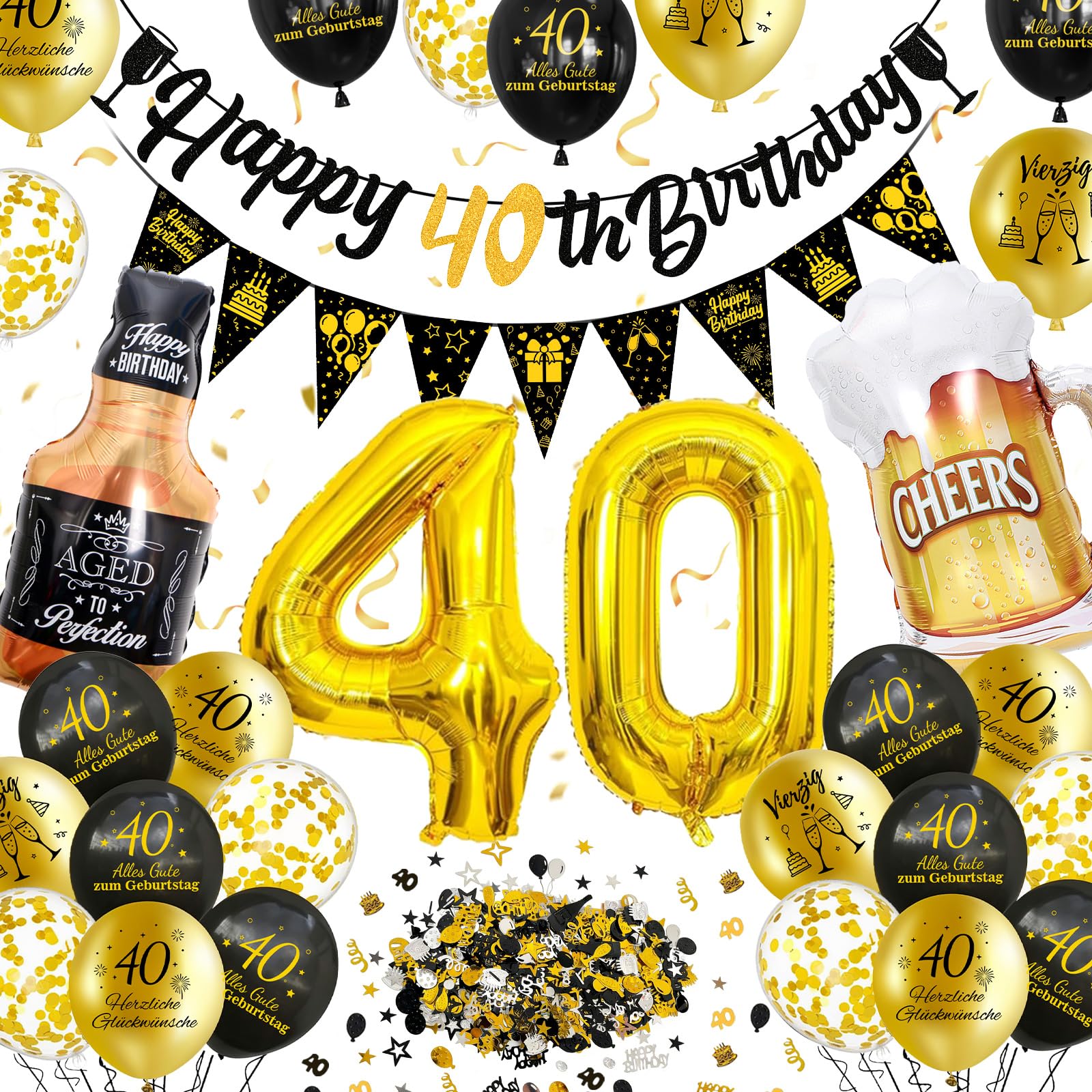 40 Geburtstag Frauen Männer, Deko 40 Geburtstag, Happy Birthday Geburtstagdeko mit Banner, Konfetti Ballons, Nummer 40 Folienballons, Schwarz Gold Luftballons
